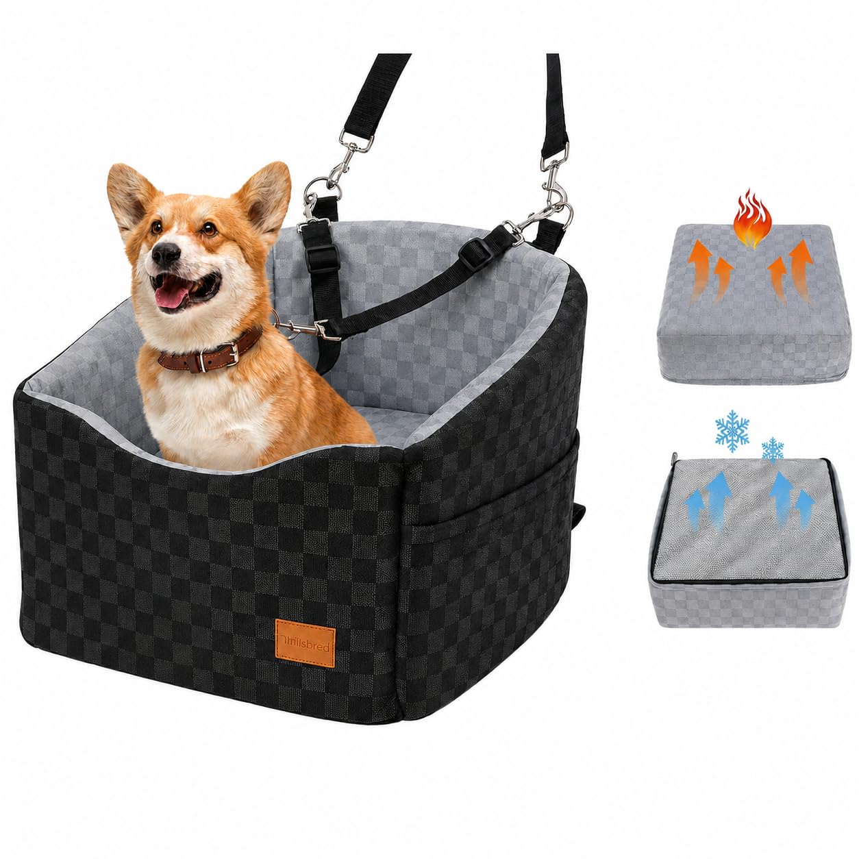 15 cm große Hunde-Autositze für kleine bis mittelgroße Hunde unter 13,5 kg | 40 x 40 x 15 cm Eierschalenmatte, kühlendes oder wärmendes Boosterkissen, abnehmbarer, waschbarer Bezug, 2 Sicherheitsleinen
