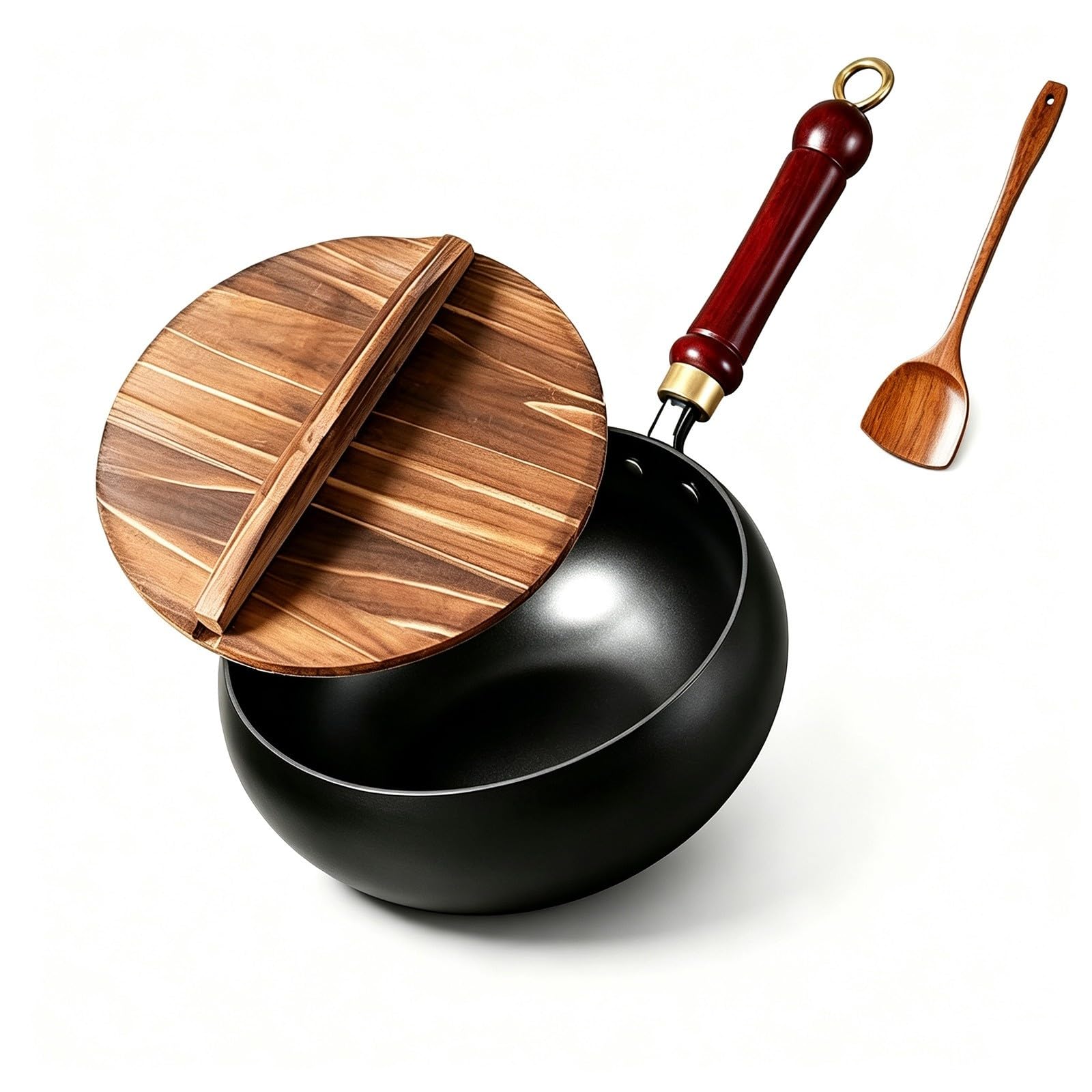 Wok hierro fundido grueso sin recubrimiento, tapa de madera y espátula