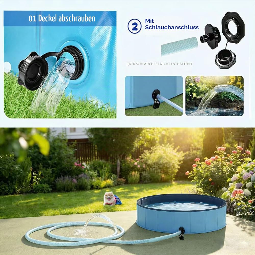 Hundepool 120x30 Faltbar, Hundeplanschbecken, Keine Pumpe benötigt, aus kratzfestem PVC-Material, Anti-Rutsch-Belag & schnelle Entleerung, Hundebadewanne mit Badebürste Ablassventil PVC-Aufnäher x 4