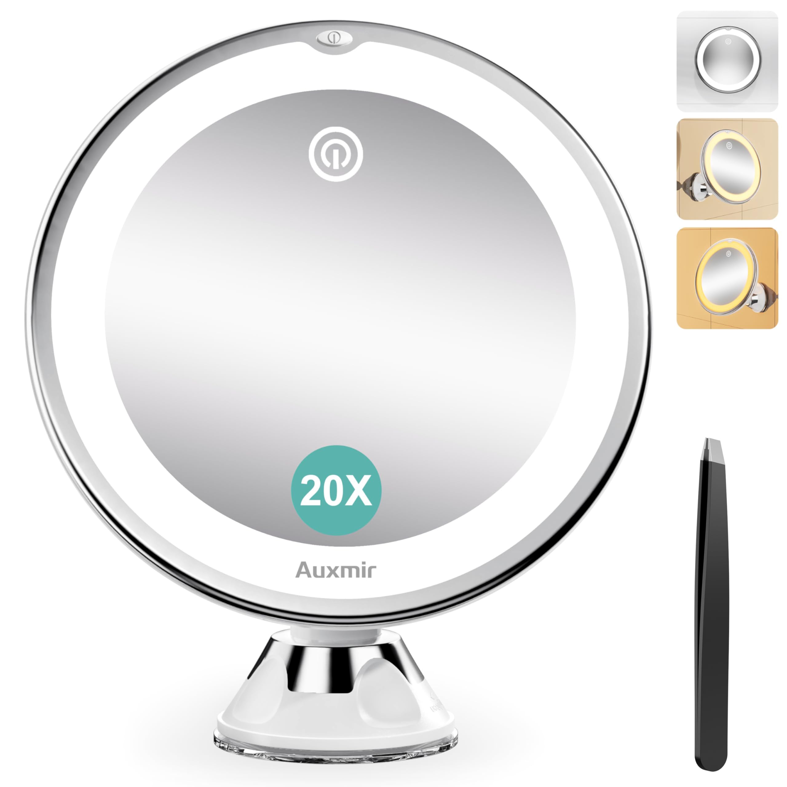 Auxmir Espejo Maquillaje con Luz 20X para Pared, Espejo Aumento Ventosa, Giratorio 360, 3 Colores de Luz, Táctil, Portátil para Ducha Pared Baño, Afeitar Depilar Cejas, Redondo