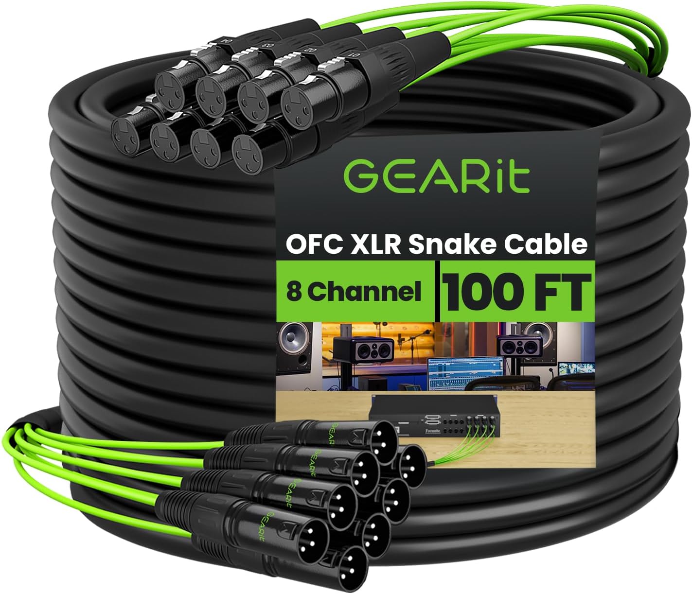 GEARit 8-Channel XLR Snake Cable (100 ft) - 100% Oxygen-Free Copper Snake Wire, Channel Labels, Metal XLR Connectors for Pro Audio - 100 Feet