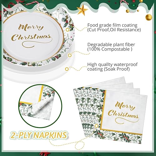 Miniatura 9 de Juego de 100 platos desechables para fiestas de Navidad, juego de vajilla de Navidad para cena, almuerzo, postre, aperitivo, decoración de fiesta de