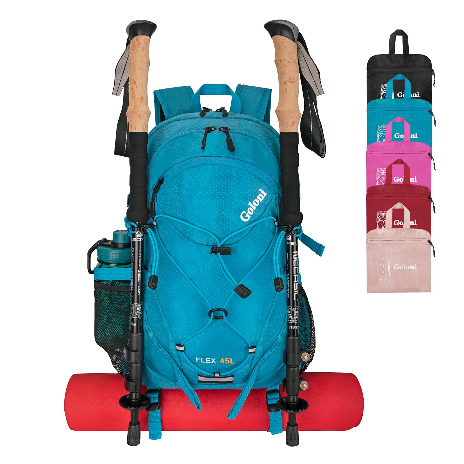 45L Hiking Backpack with Rain Cover, Lightweight Foldable Camping Backpack for Trekking, Water-Resistant Daypack with Hiking Pole & Mat Carrying System,Blue