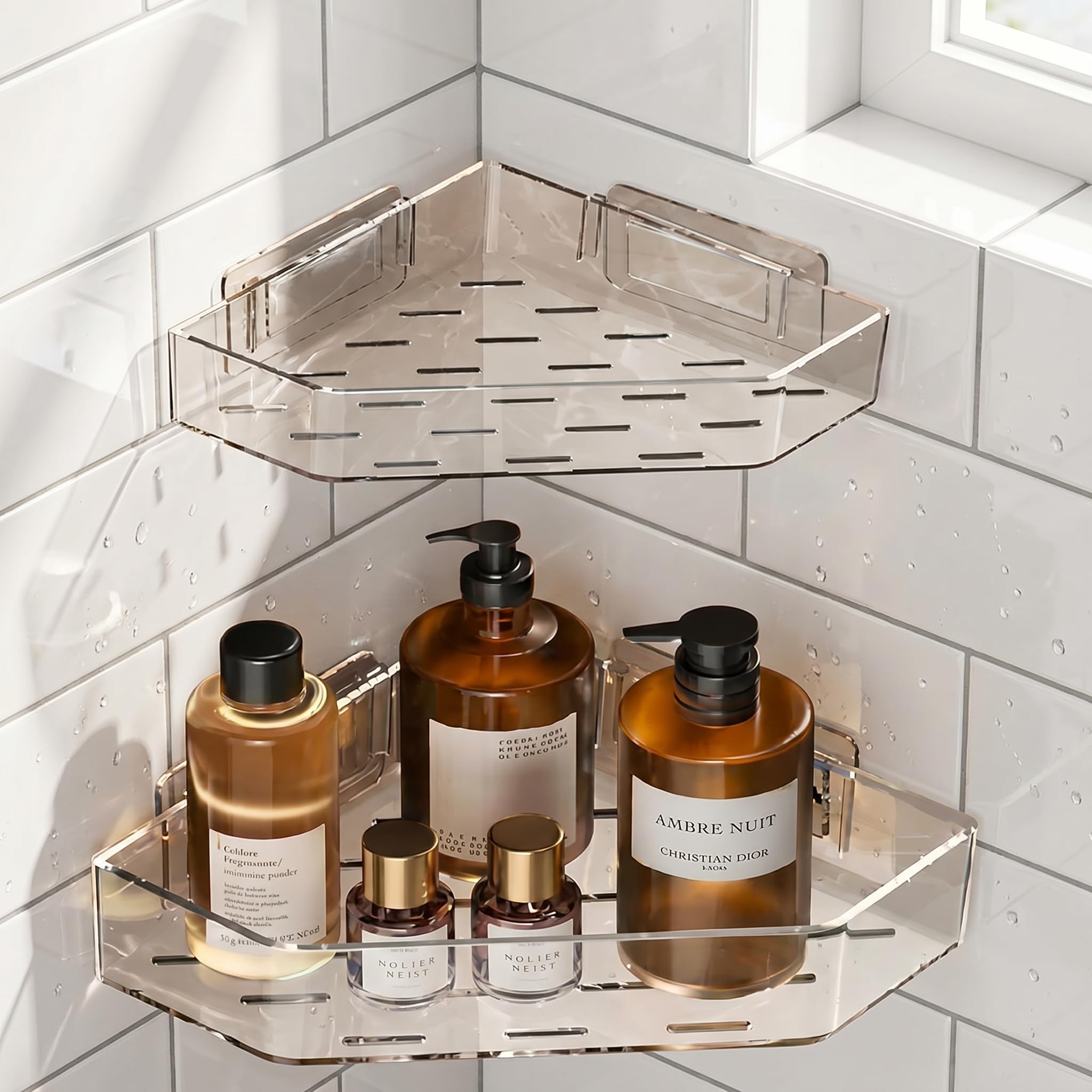 Acrylic Corner Bathroom Shelf Organizer with Drain Holes - Transparent Triangle Storage Rack for Bathroom Counter, Kitchen Sink & Vanity Essentials, Space Saving Bath Caddy (Pack of 2) (Diamond, 2)-picture-36