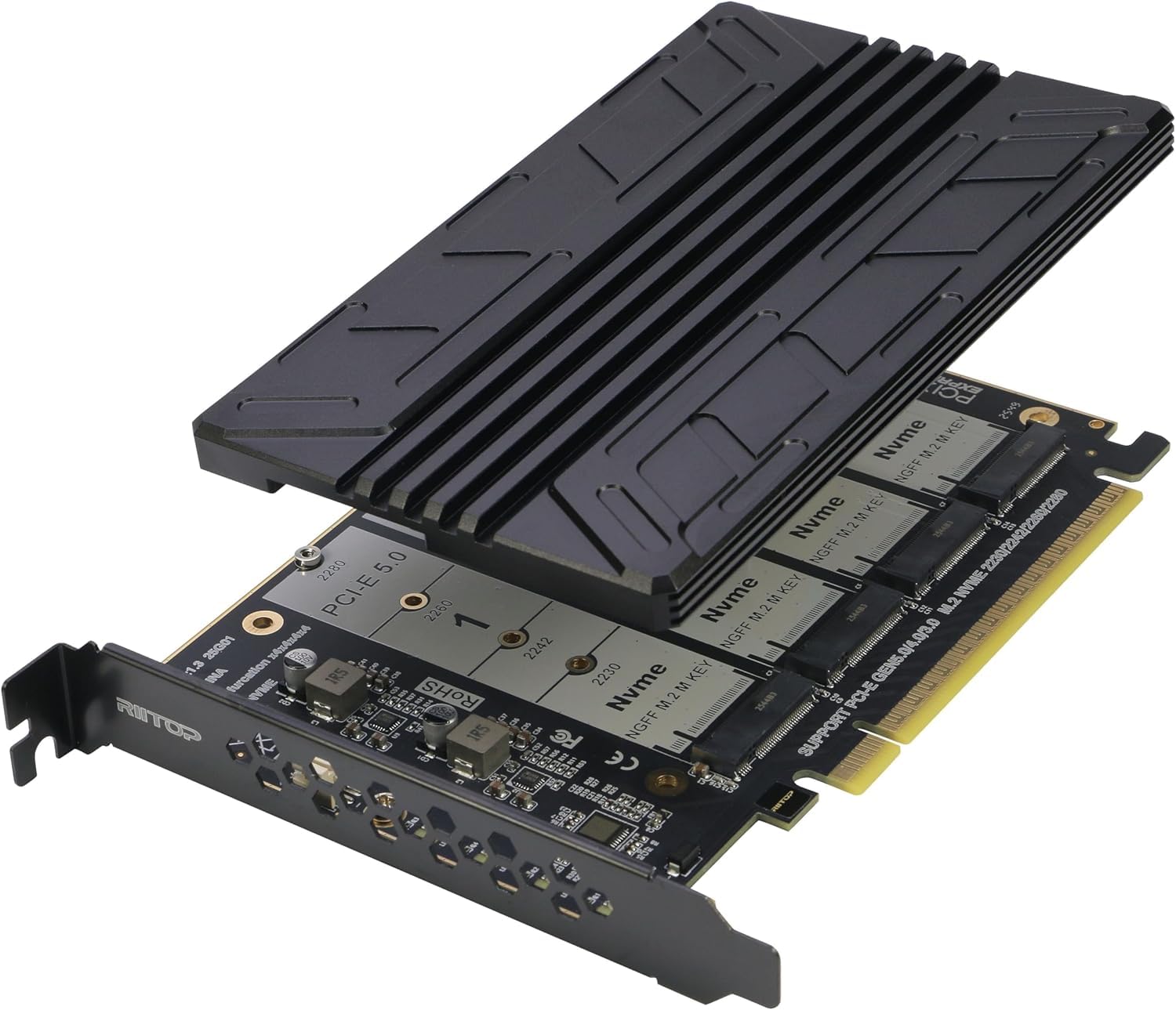 Adaptador Quad NVMe PCIe 5.0 con disipador de calor, RIITOP PCIe 5.0 x16 a 4 tarjetas NVMe para SSD 2280/2260/2242/2230 M.2 M.2 (llave M), requiere verificación PCIe