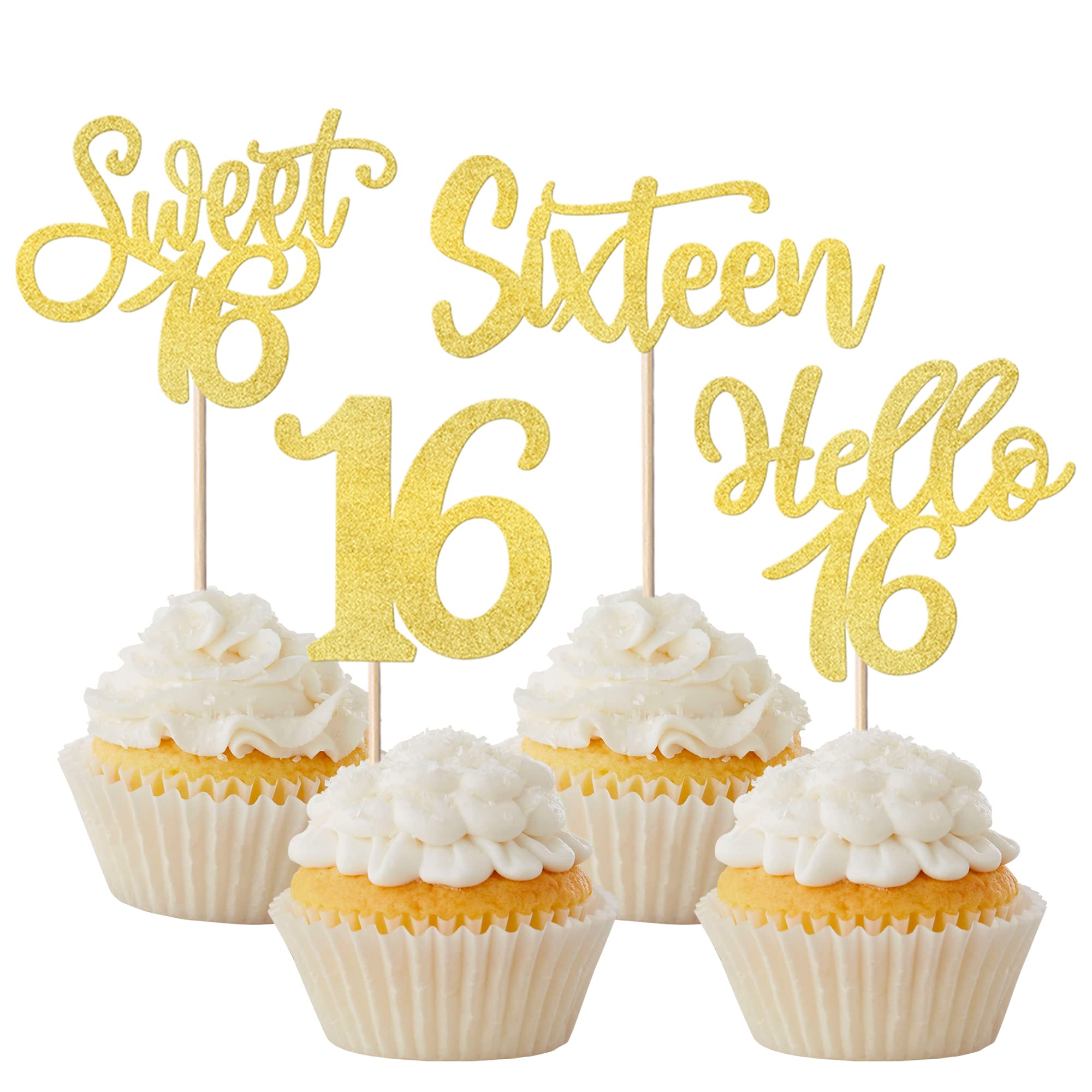 Amazon.com: 24 Pack 16th Birthday Cupcake Toppers Glitter Hello 16 ...