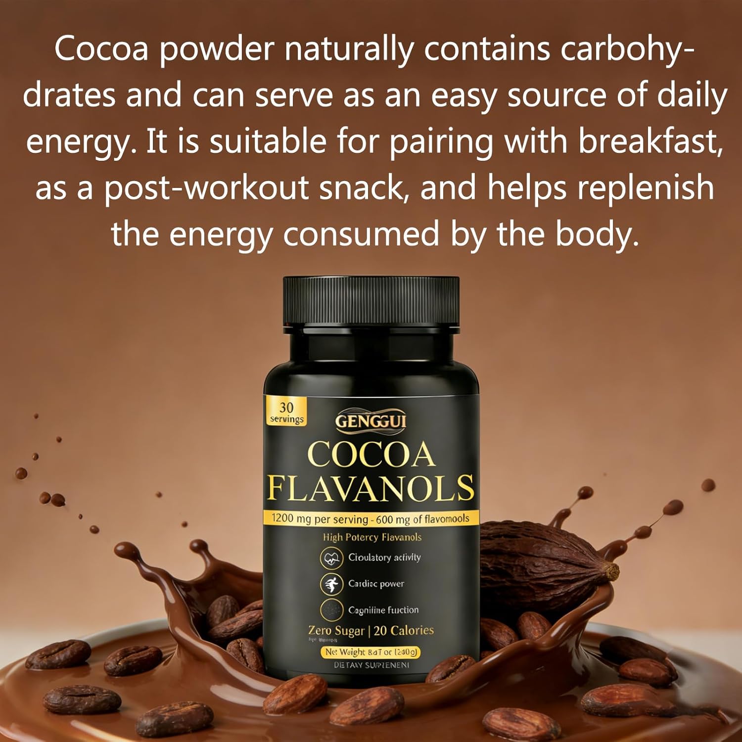 High Flavanol Cocoa Powder, 1200mg Flavanols per Serving, Natural Unsweetened Dutch Cocoa for Baking, Cooking & Beverages, Rich Dark Chocolate Flavor (01)