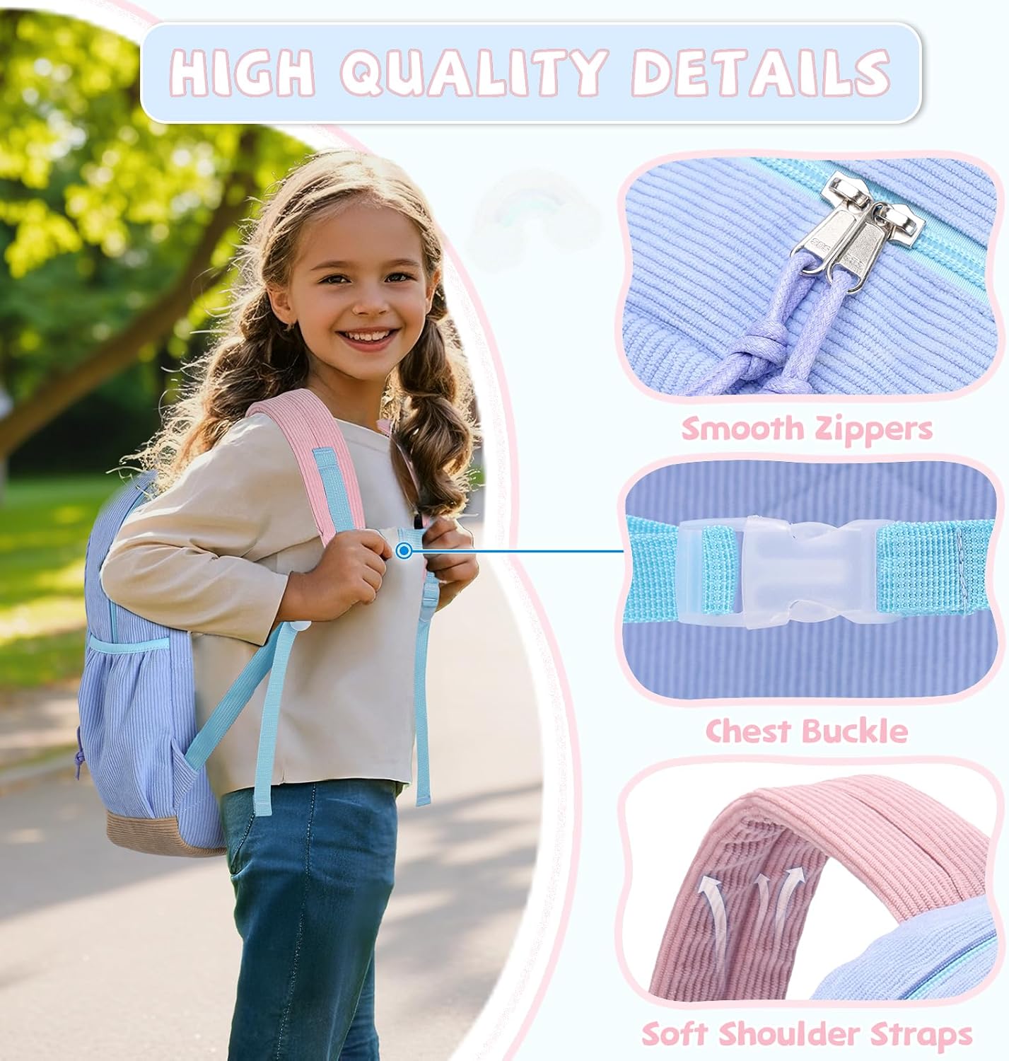 Kasqo Kids Corduroy Backpack, Lightweight Preschool & Primary School Bag for Boys & Girls 4-8 Years with Chest Buckle, 14.5" H, Fits A4 Folders Blue Pink - Image 5