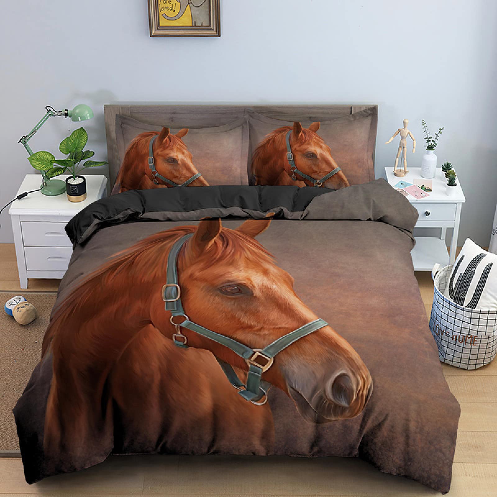 Housse couette ado cheval brun 140x200 résistant à fermeture éclair pour lit