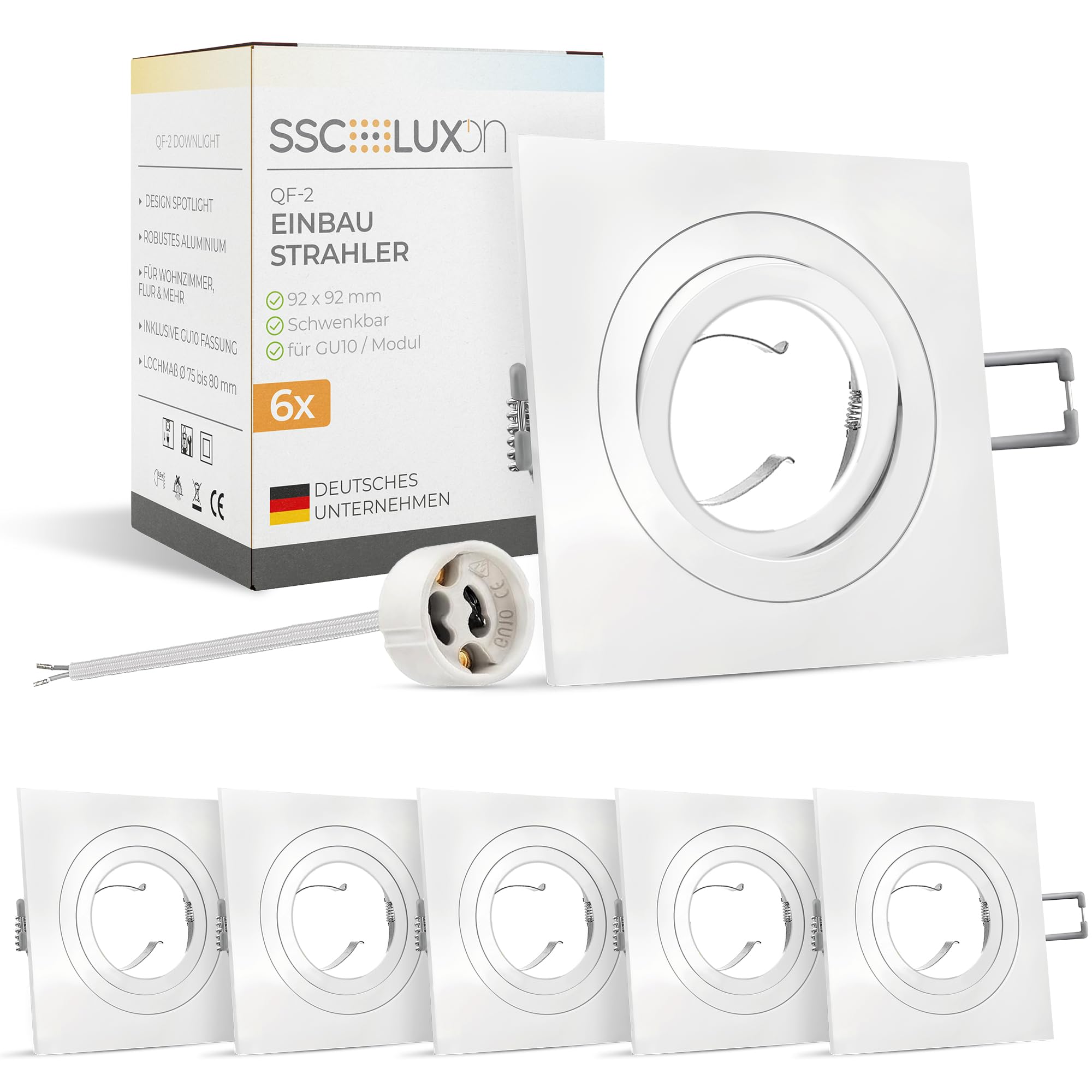 SSC-LUXon 6er Set Einbaustrahler QF-2 quadratisch weiß – schwenkbarer Einbauspot ohne Leuchtmittel – 92x92mm – mit GU10 Fassung