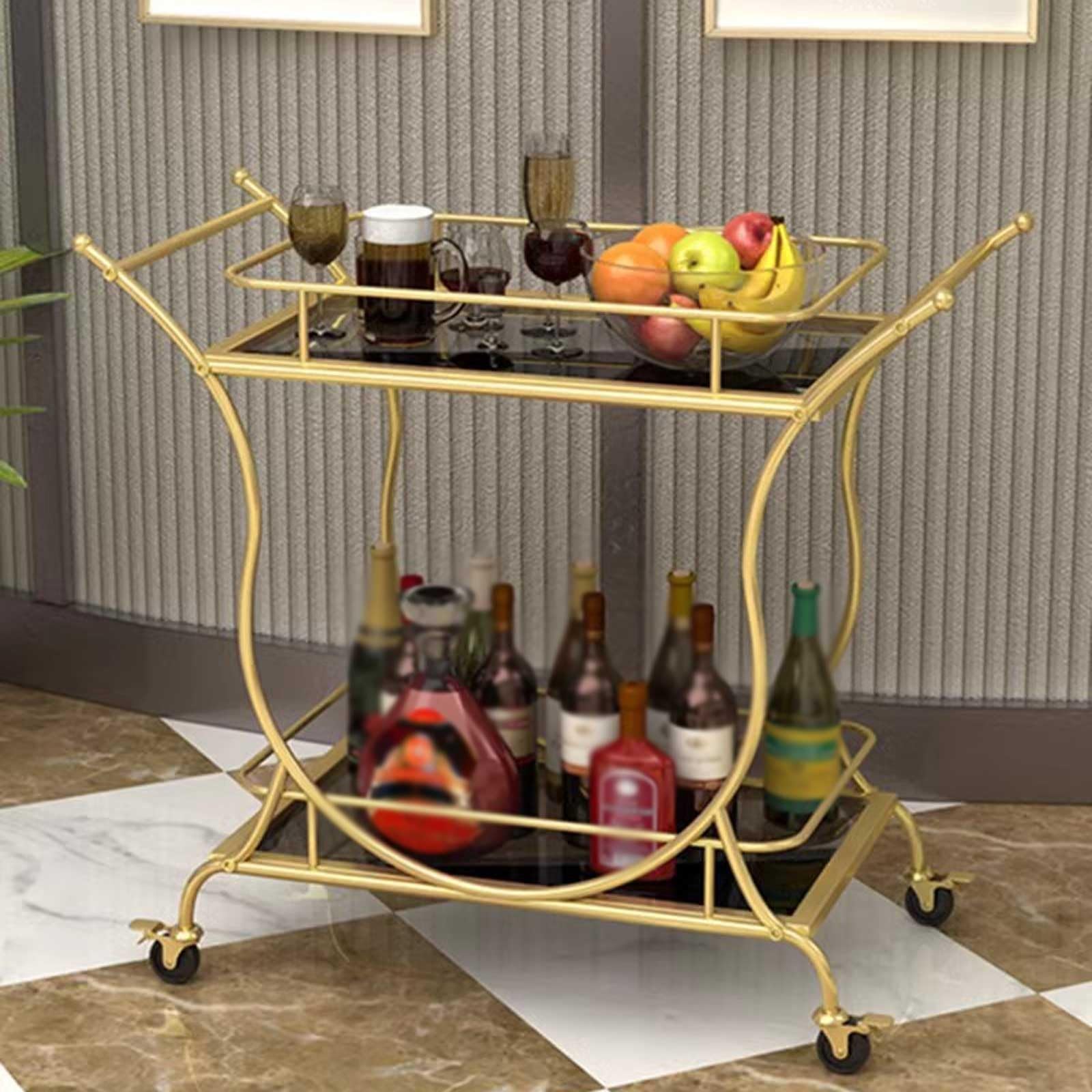 Wózek kuchenny 2-poziomowy wózek do serwowania wina domu, na wino, kółkach z kółkami, uchwyt, metalowe szkło przechowywania stojaków, kuchni, klubu, salonu, baru, restauracji