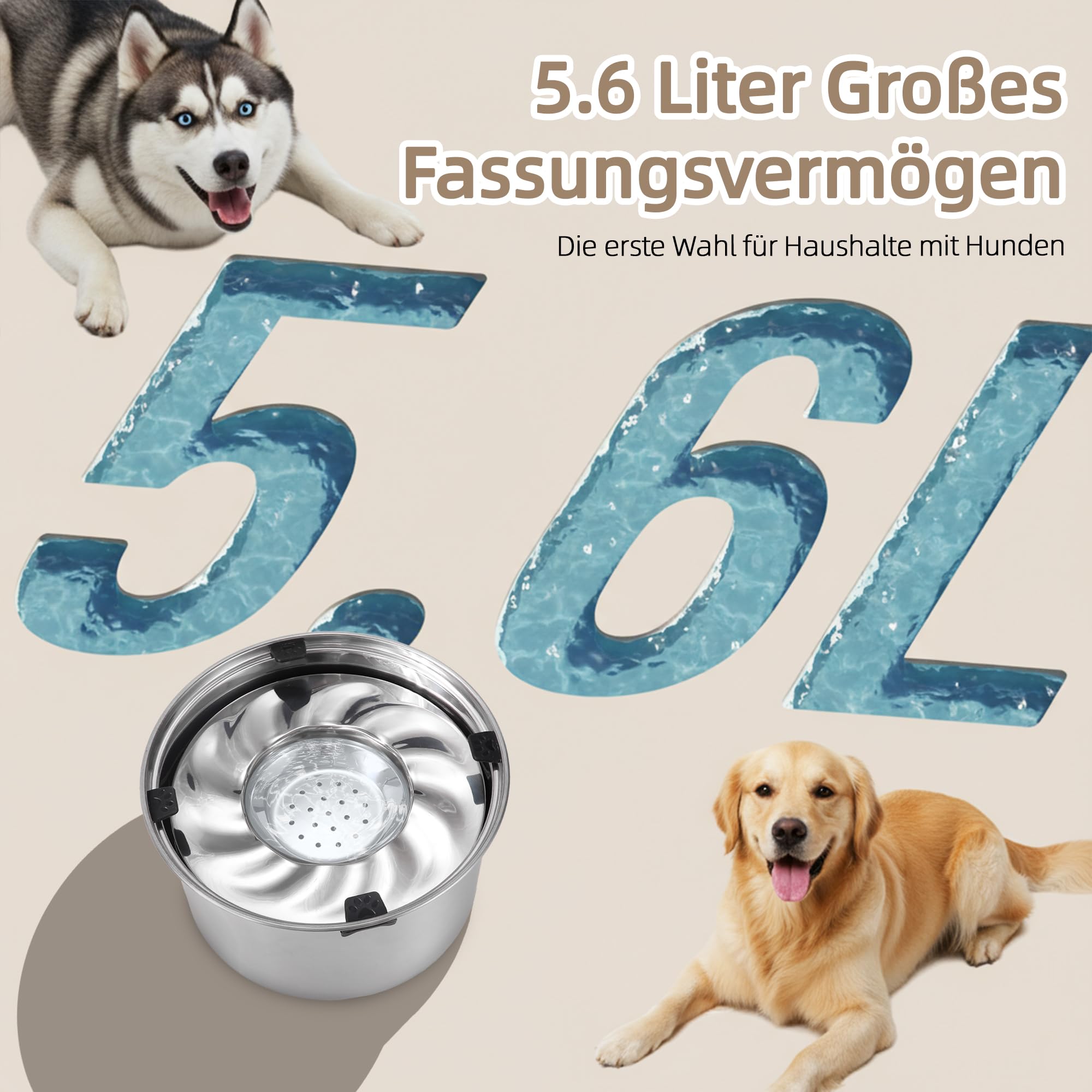 5,6 l, ciotola per l'acqua per cani senza sbavare, ciotola per cani anti-scivolo, in acciaio inox 304 con fondo antiscivolo, ciotola per cani di taglia grande e grande (5,6 L)