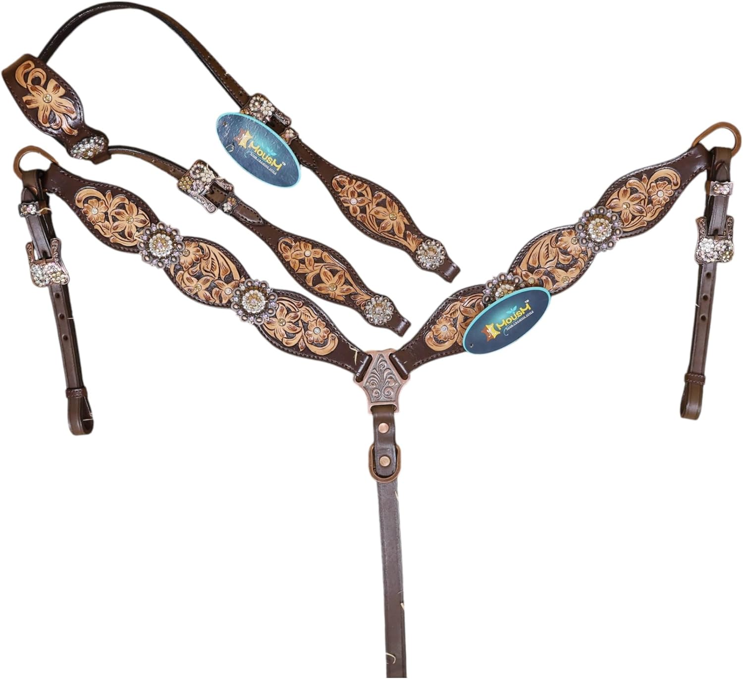 One Ear Headstall & Breast Collar Set - Hand-Carved Flower Design with Rhinestones, Berry Conchos, and Buckles | Genuine Argentine Cow Leather