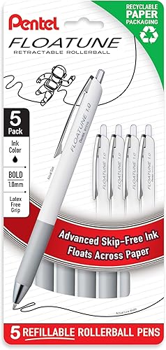 Pentel Floatune - Bolígrafo roller retráctil, punta gruesa de 1,0 mm, tinta negra, paquete de 5 unidades (BY210PF5A)