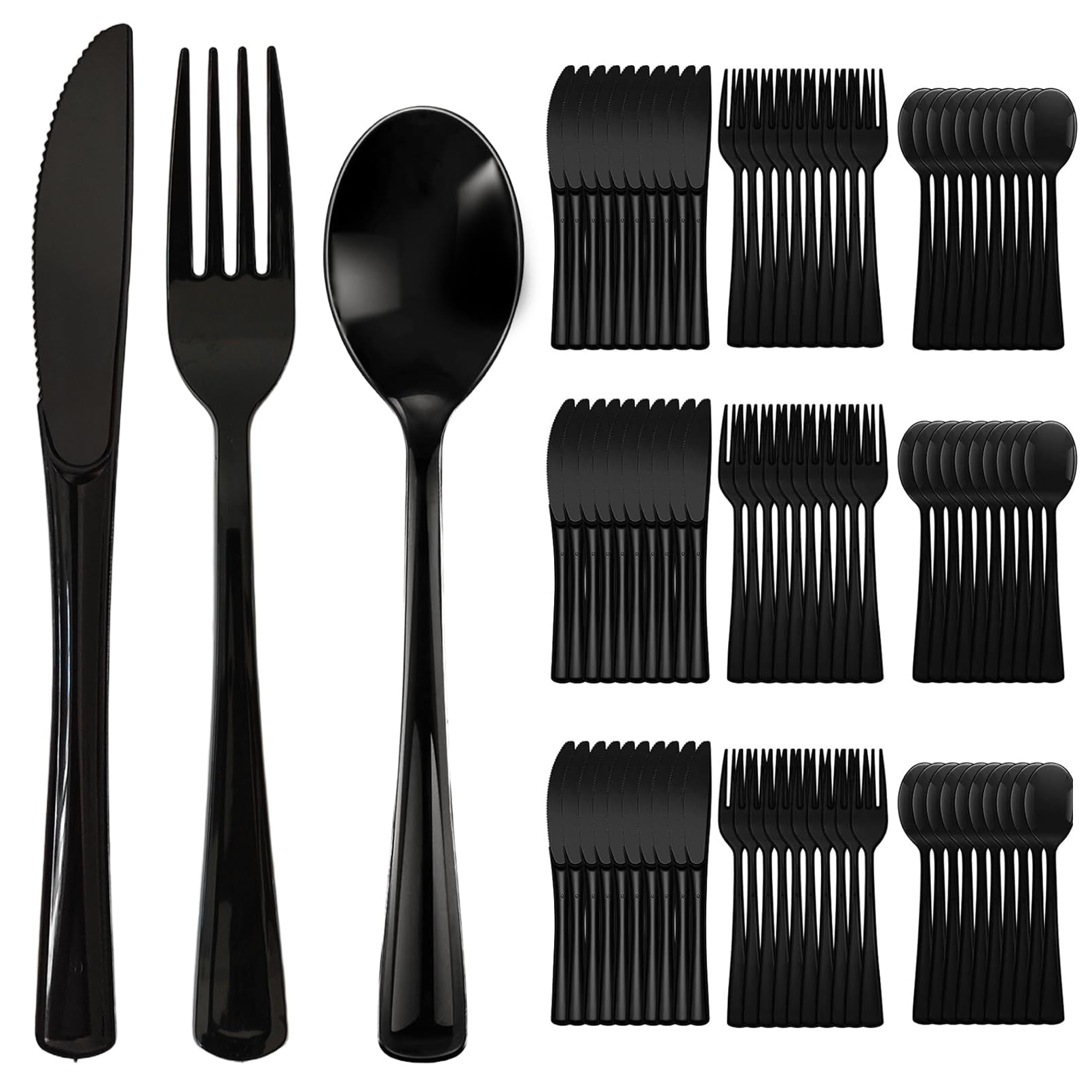 300 Pack Black Disposable Plastic Silverware Heavy Duty,Black Cutlery Set, Plastic Forks and Spoons Knives Utensils Set for Birthday Party Prom Night,Weddings,Halloween