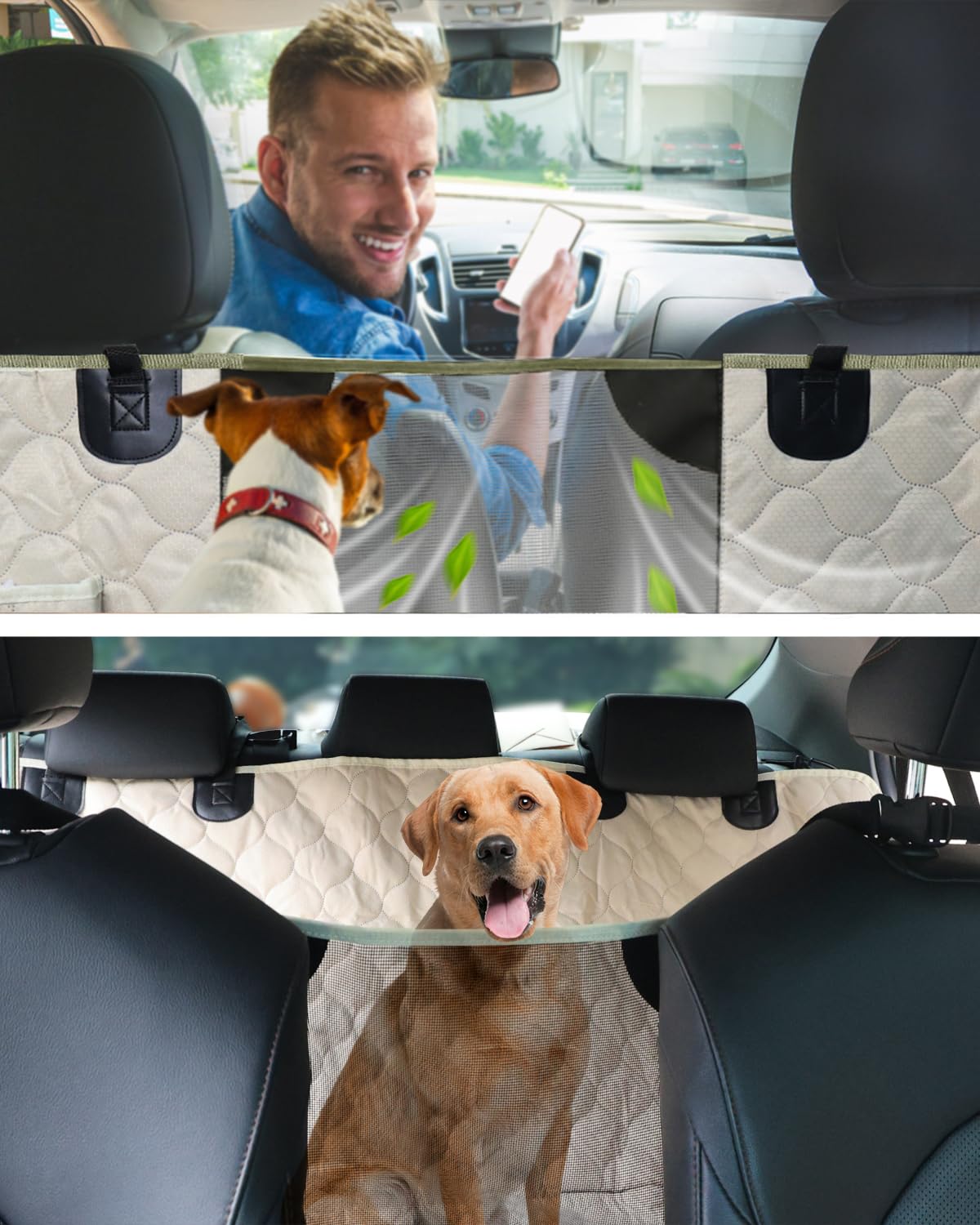PETICON Coprisedile auto per cani con finestra a rete, 100% impermeabile, coprisedile per sedile posteriore, antigraffio, amaca per cani per auto, camion, SUV, Jeep, beige