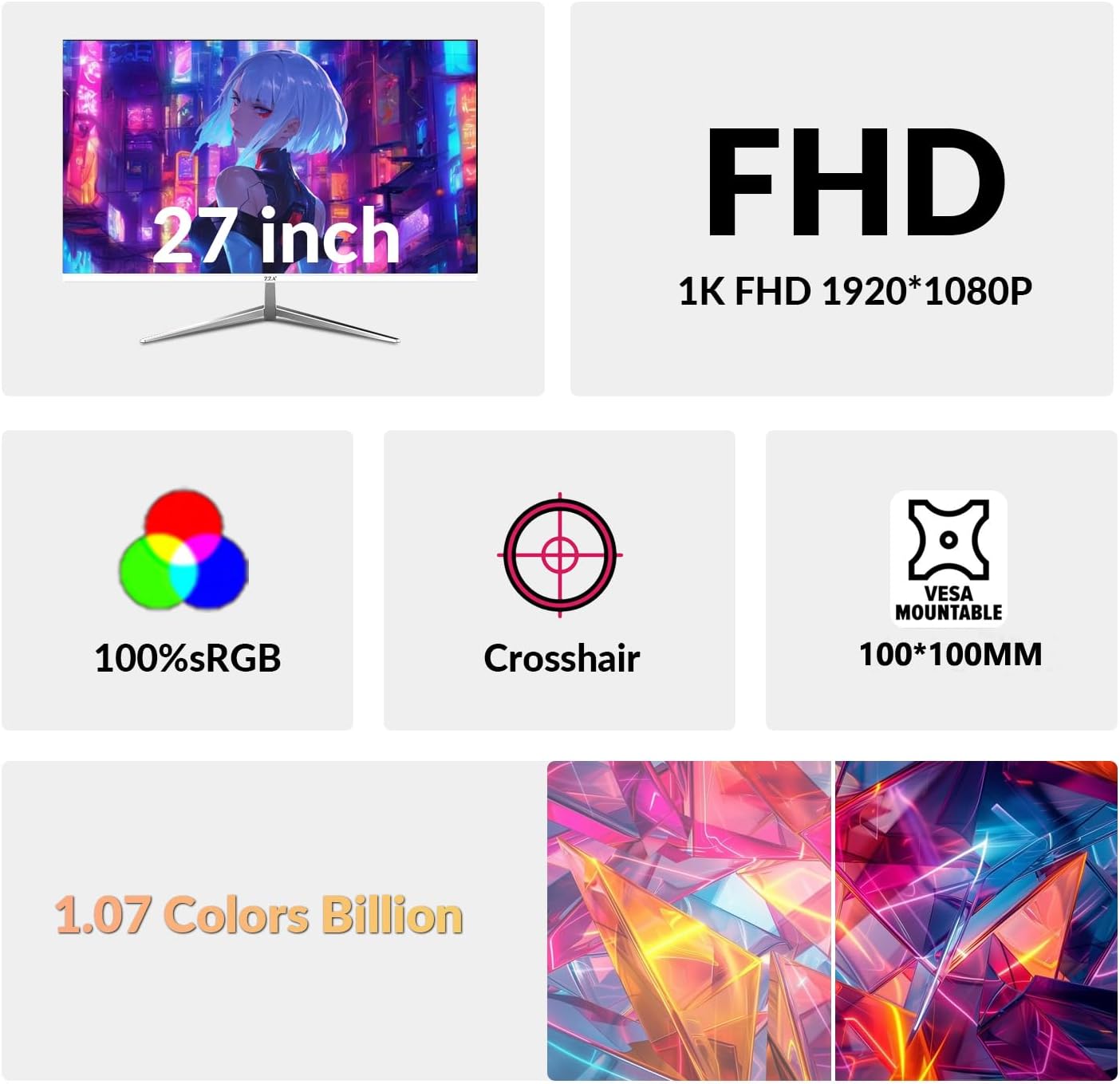 ZZA 27 inch White Gaming Monitor,240-300Hz Curved Monitor,Full HD 1080P Computer Monitor,Eye-Care Display with HDMI,DP,FreeSync,Wall Mountable for Office and Home - Image 6