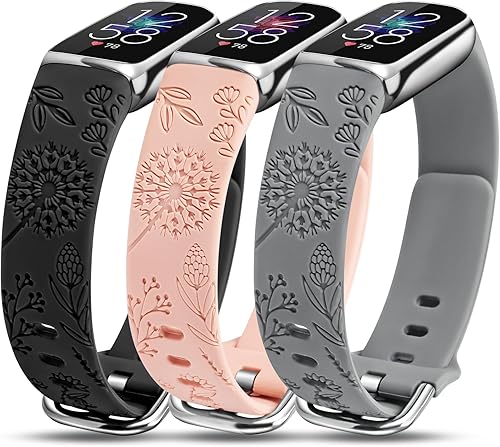 Miniatura 10 de Minyee Paquete de 3 correas compatibles con Fitbit Luxe para mujer, de silicona suave, con grabado floral, correa deportiva de diente de león,