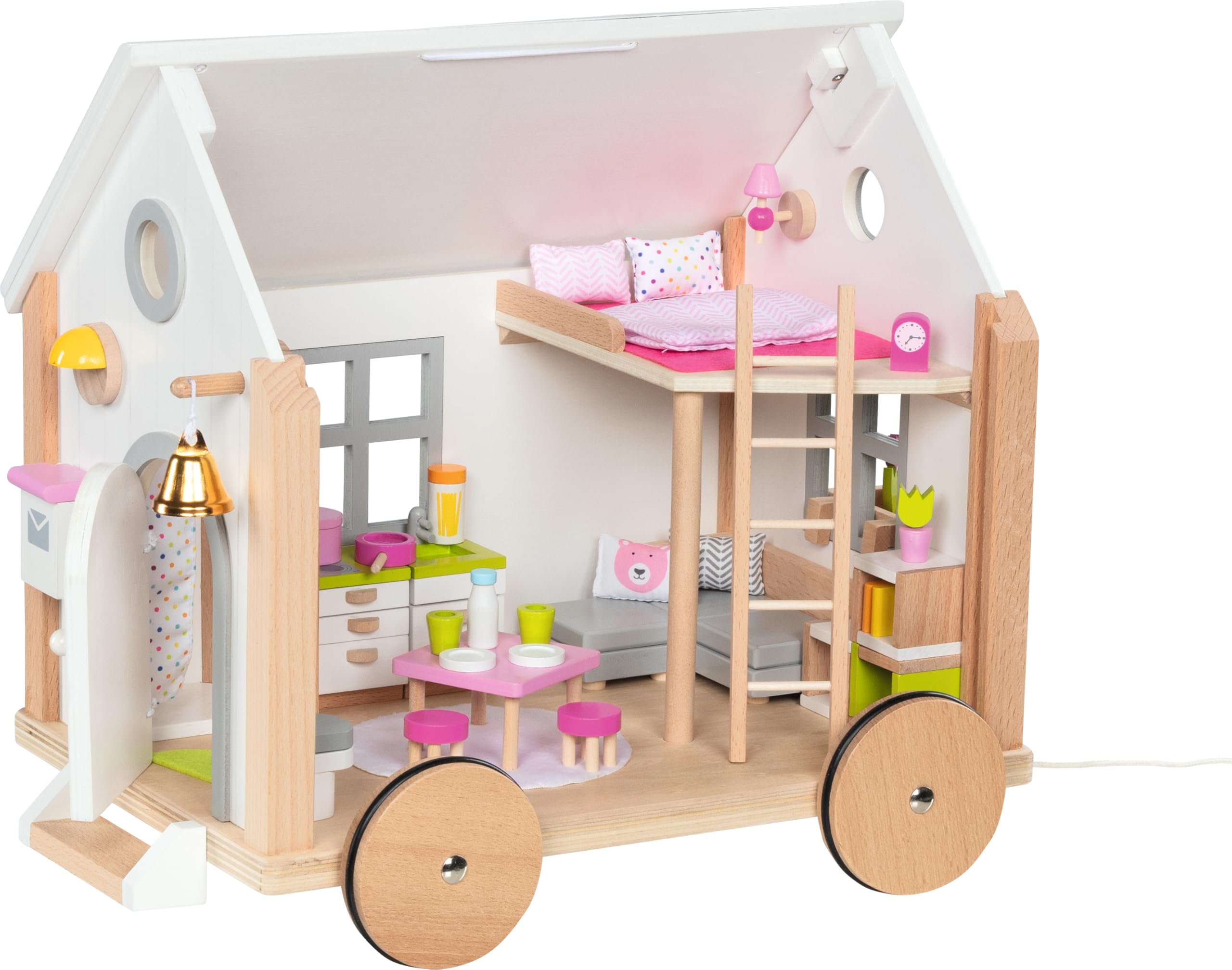 goki 51477 Tiny House Hygge – mobiles Puppenhaus aus Holz und Textil (40-teilig, 38 × 27 × 33 cm) für Puppen ab 3 Jahren