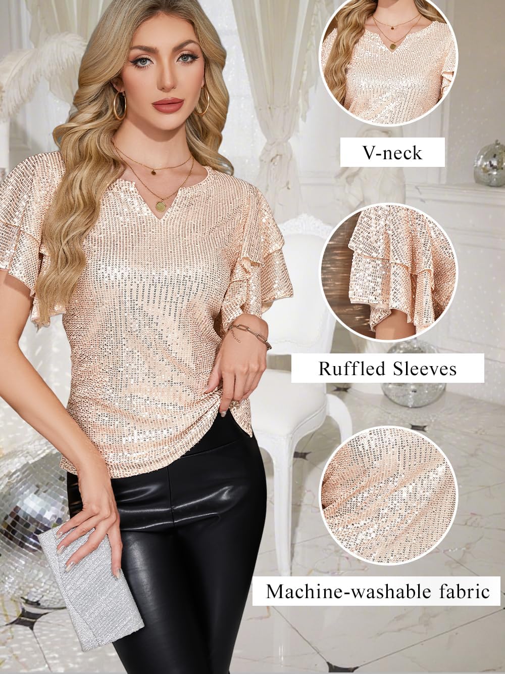 Women Sparkle Sequin Tops Glitter V Neck Blouse Tiered Ruffles Sleeve Cocktail Soiree Evening Party Disco Club Shirt - Image 4