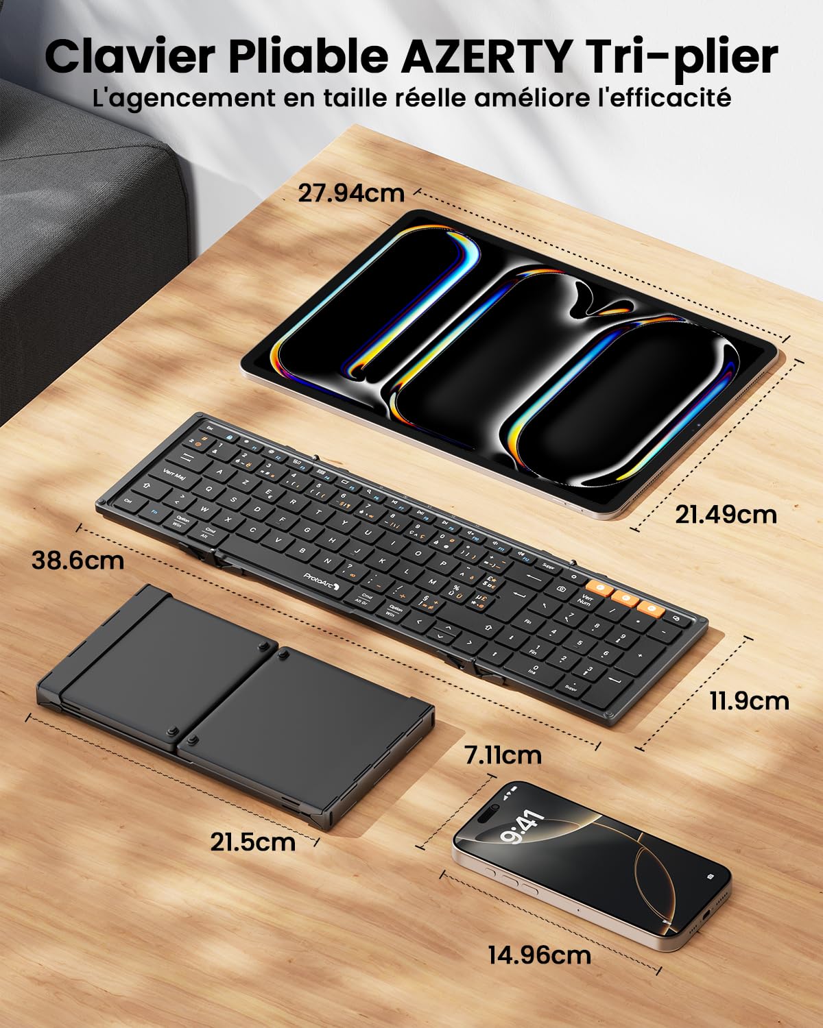 ProtoArc XK01 Clavier Bluetooth Pliable AZERTY avec Pavé Numérique | 105 Touches, 3 Appareils Bluetooth, Rechargeable, Compatible avec Android Windows iOS Téléphone Tablette iPad