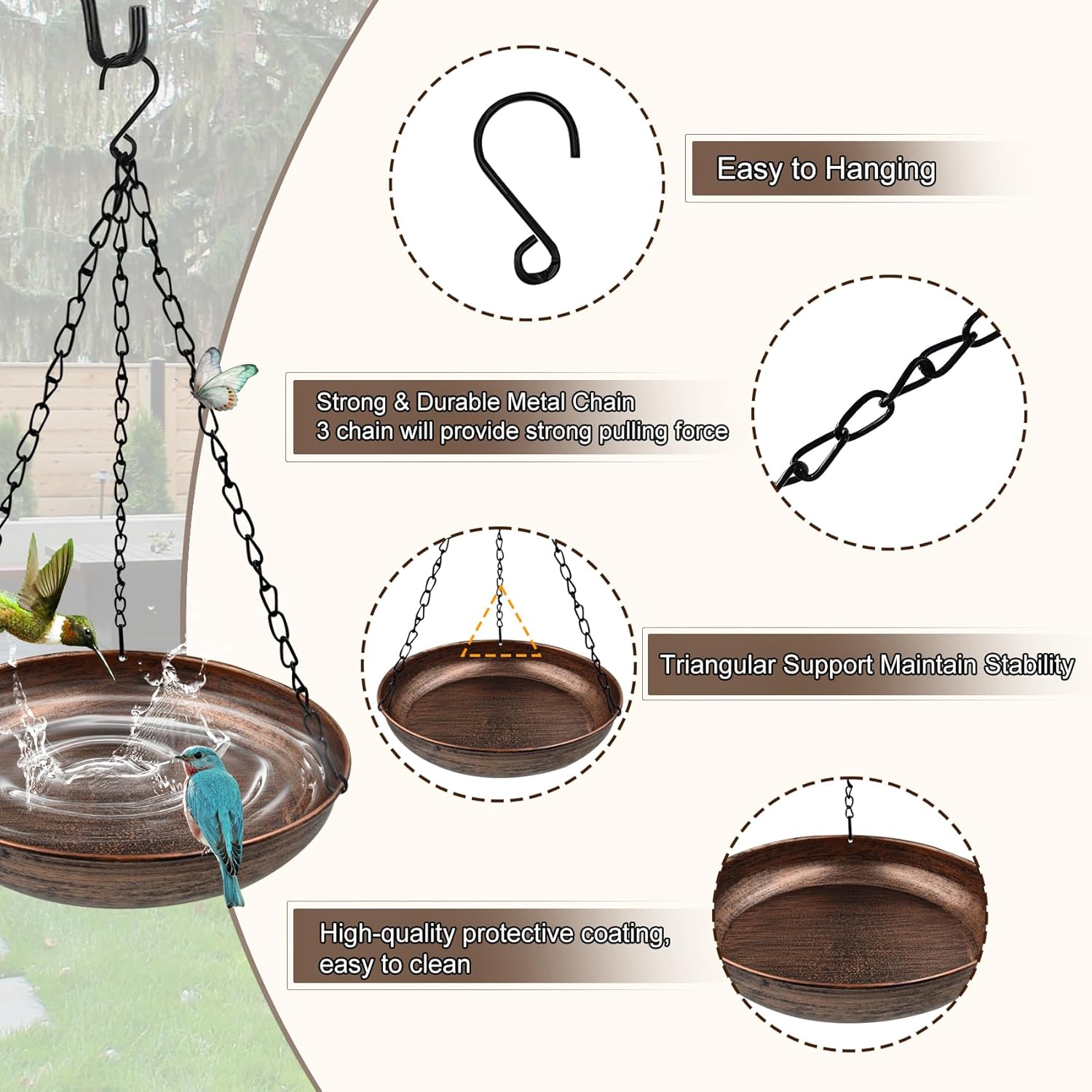 Hanging Bird Bath for Outdoors Set, Metal Copper Birdbaths Bowl with Rust-Proof Chains & S-Hooks for Garden Yard Decor (10"&12" Dia)