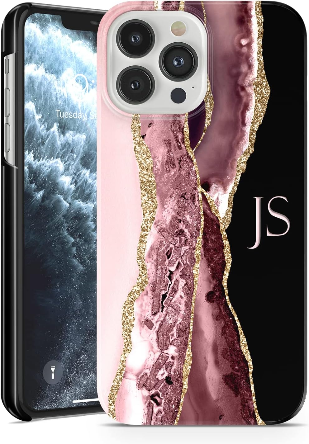 TULLUNPersonalised Phone Case for iPhone 13 - Fully Printed 3D Hard Plastic Custom Cover Rose Gold Grey Swash Marble Individual Style Design Name Initials Text - Initials