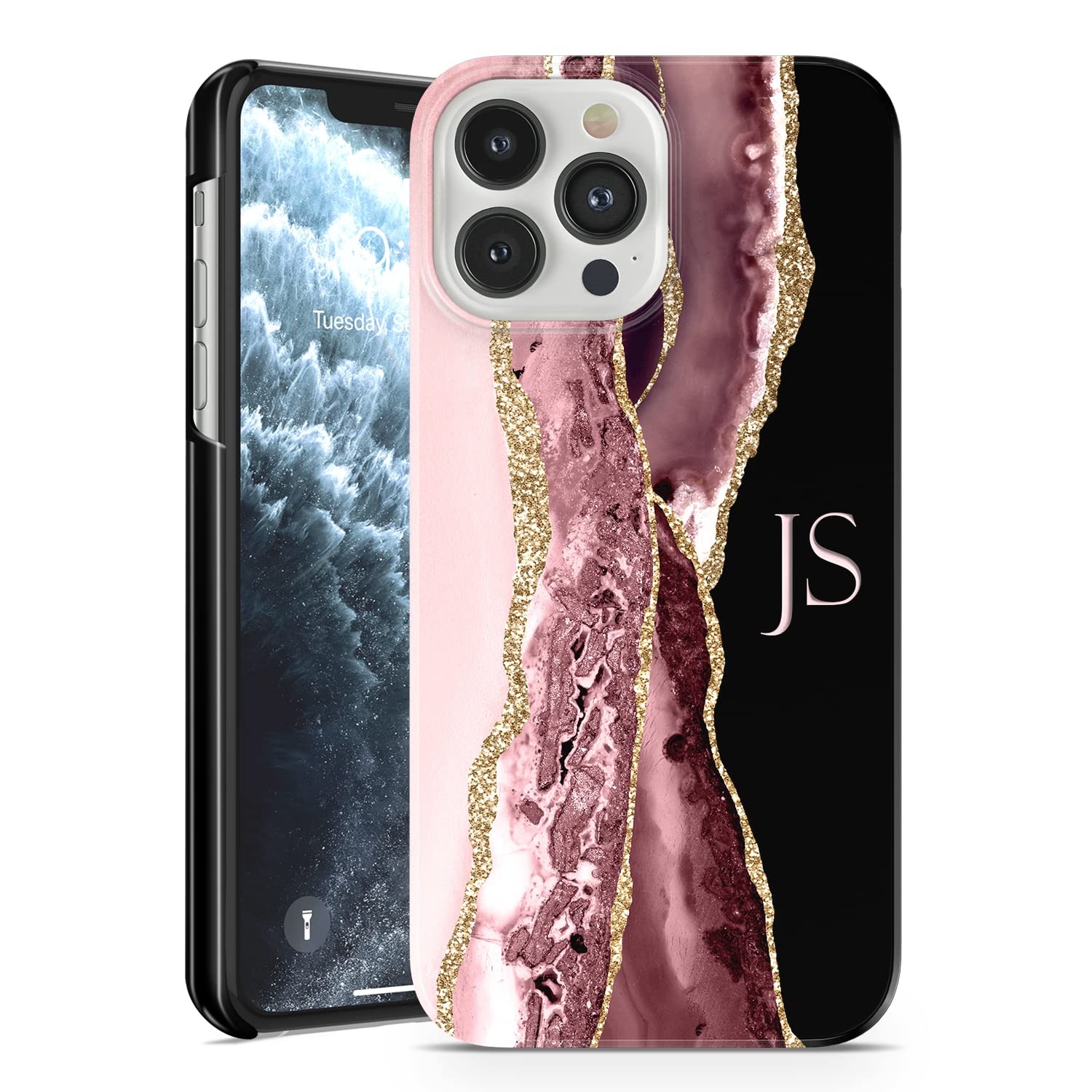 TULLUNPersonalised Phone Case for iPhone 13 - Fully Printed 3D Hard Plastic Custom Cover Rose Gold Grey Swash Marble Individual Style Design Name Initials Text - Initials