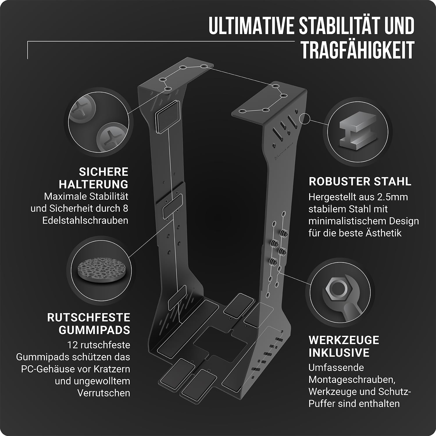 PC Halterung unter Schreibtisch – Schwerlast Computer Halterung unter Schreibtisch – Bis zu 35 kg Tragfähigkeit - Anpassbare Tower Halterung – Flexibler PC Halter für den Schreibtisch (Schwarz)