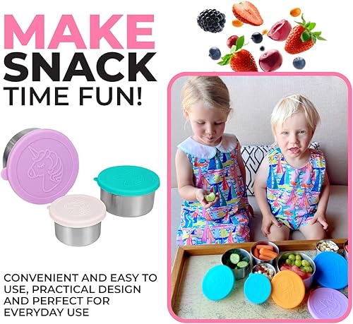 Miniatura 3 de kinsho Cajas de aperitivos de acero inoxidable con tapas de silicona para niños, contenedores de lonchera para niñas y niños pequeños, sin derrames