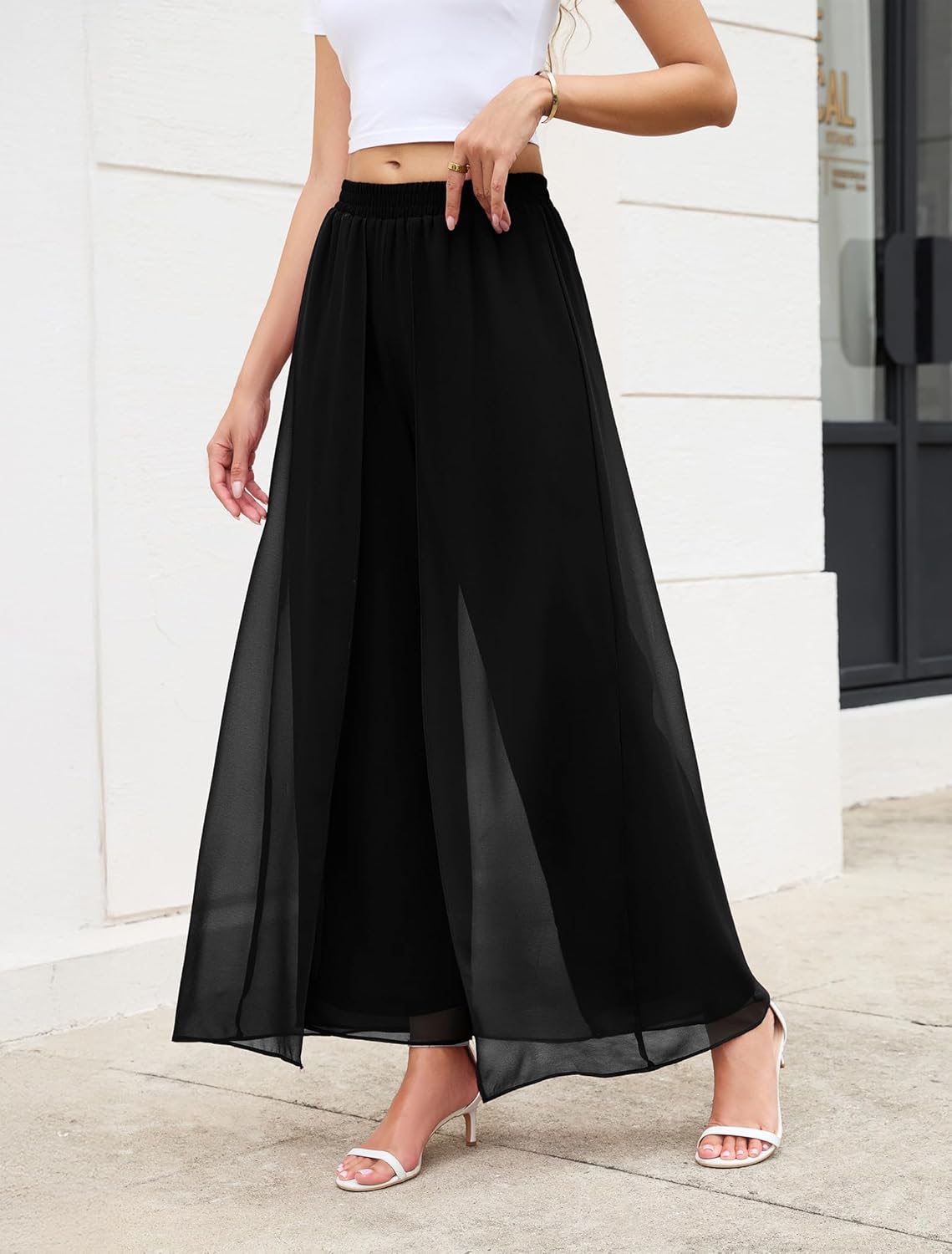 WANGZHI Women's Wide Leg Dress Pant Elegant Party Elastic Waist Trouser with Pockets - Image 3