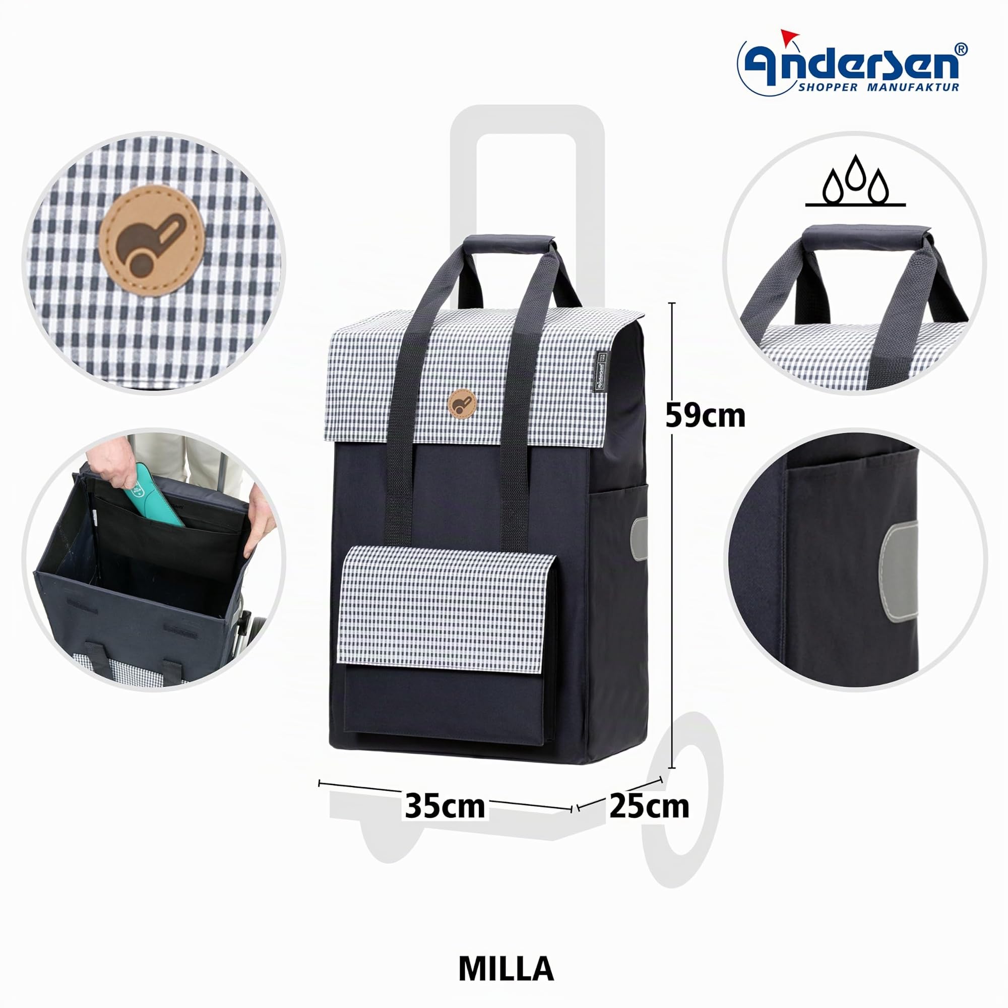 Andersen Einkaufstrolley - klappbar - 54 Liter - 4 Räder | höhenverstellbar - belastbar 50 kg - Stahlgestell - Trolley - Quattro Shopper Milla blau