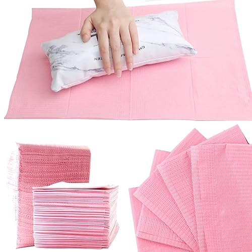 Miniatura 7 de Shmian 125 toallas desechables para uñas. Tapetes de uñas de mesa color rosa de 13 x 17 pulgadas, almohadillas limpias, baberos impermeables de
