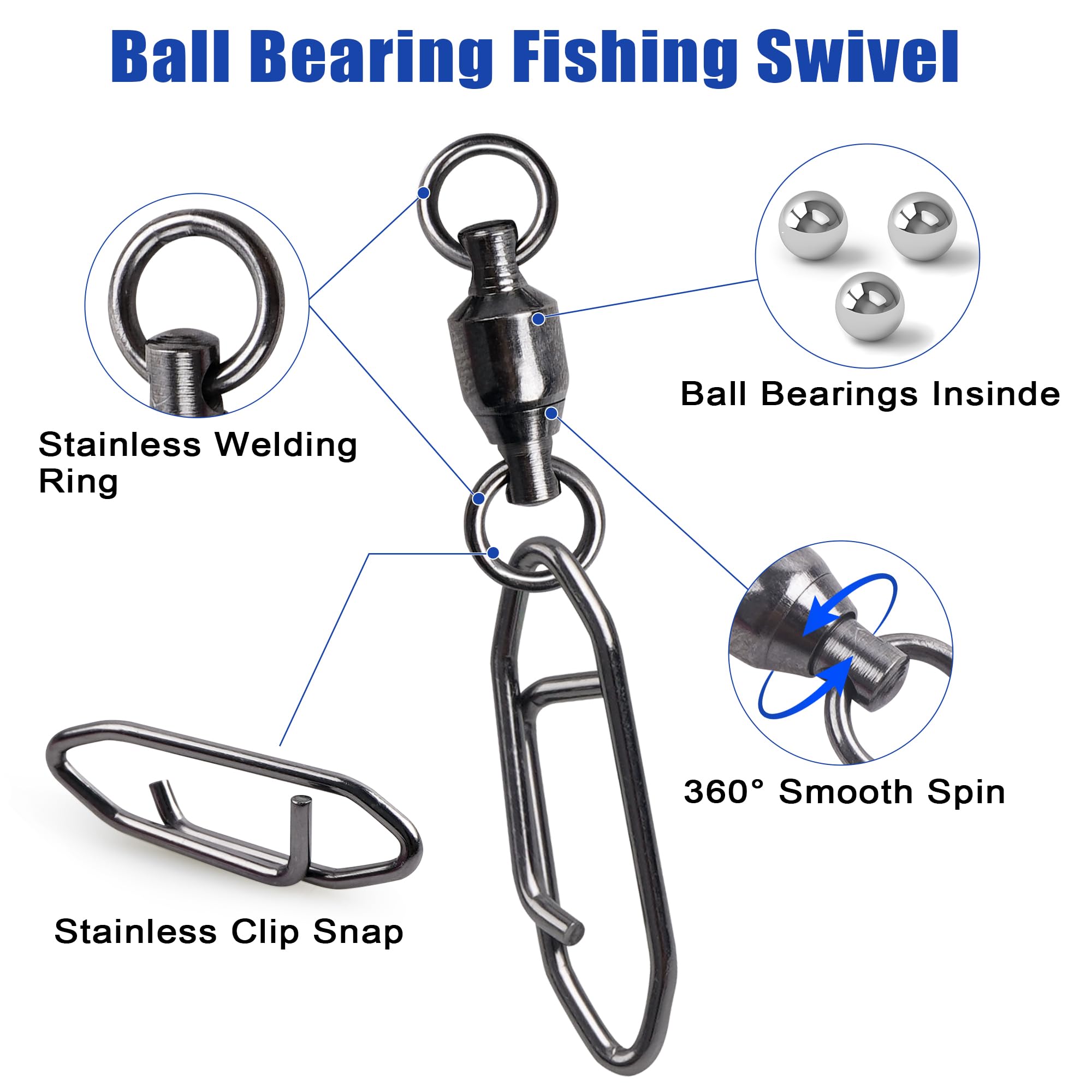 VATEICO 20 Pack Fishing Power Clips Ball Bearing Swivels Fishing Clip Quick Change Snap Swivel Ball Bearing Swivels Freshwater Saltwater Crankbait Popper Lure Connector Tackle