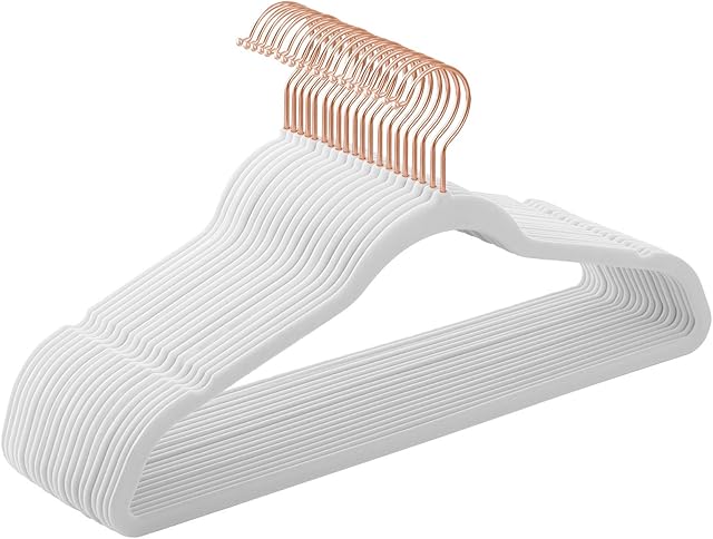 SONGMICS Set of 20 Velvet Hangers, 42 cm Long, Thin and Durable, High Load Capacity, with 360° Swivel Rose Golden Hooks, for Coats Shirts Suits, White CRF026W01