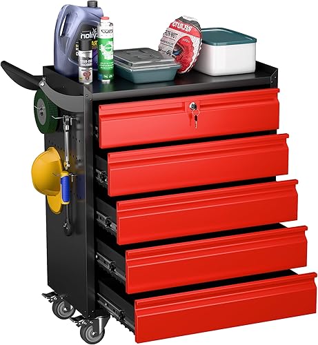 Aobabo Caja de herramientas de metal con 5 cajones y cerradura, armario de almacenamiento de herramientas con ruedas bloqueables para garaje,