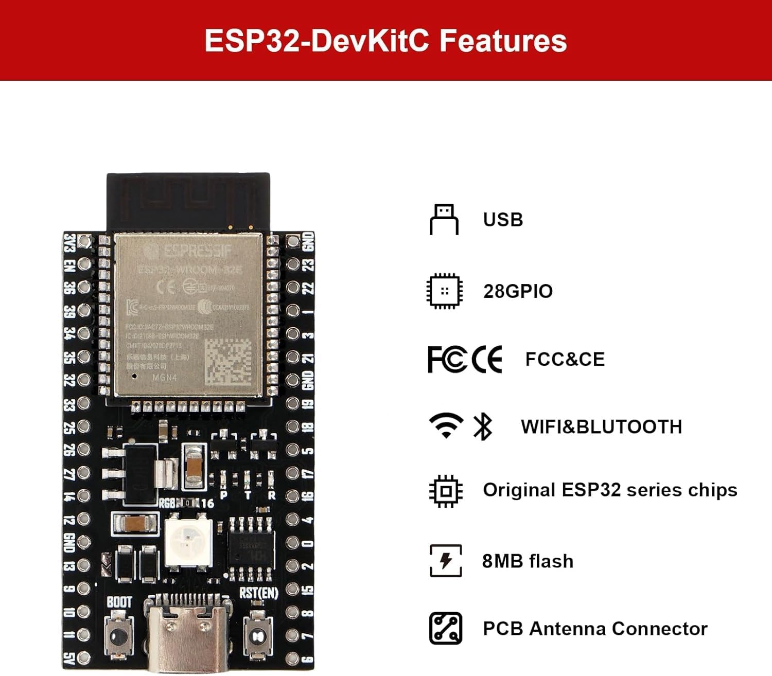 2 Pack ESP32-DevKitC-32E Entwicklungsplatine für IoT Smart Home/Industrial Control, Dual-Core 240MHz Wi-Fi + Bluetooth 5.0 mit USB-C, Original ESP32-WROOM-32E Modul (Arduino/Python/IDF) (8M)
