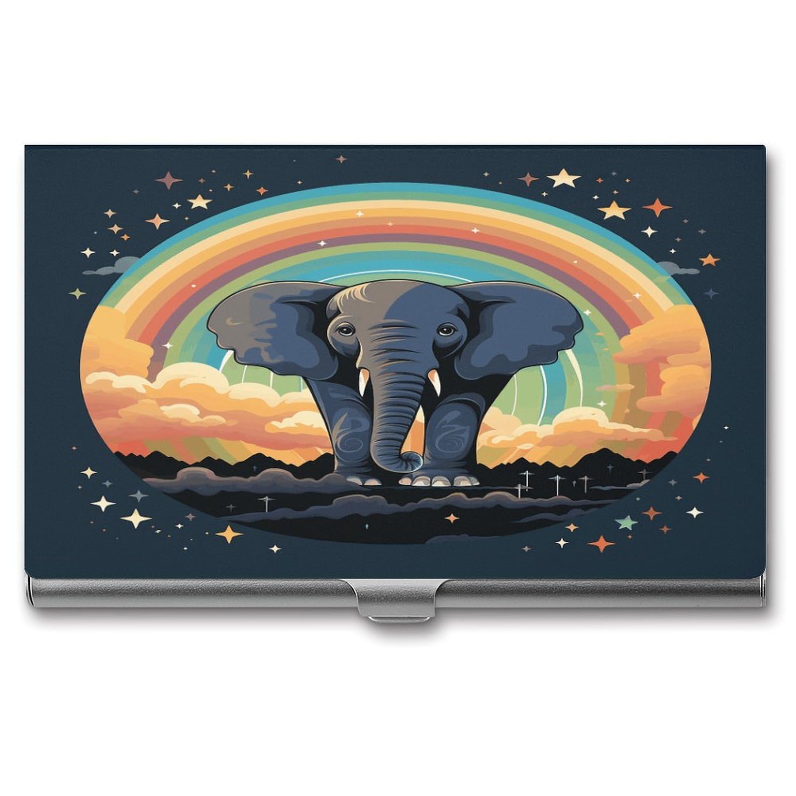 FekiLoot A Cute Elephant on A Rainbow Background Business Card Holder for Men & Women Professional Stainless Steel Business Card Case Large Capacity Slim Purse Name Cards Holders Buckle Style Shut
