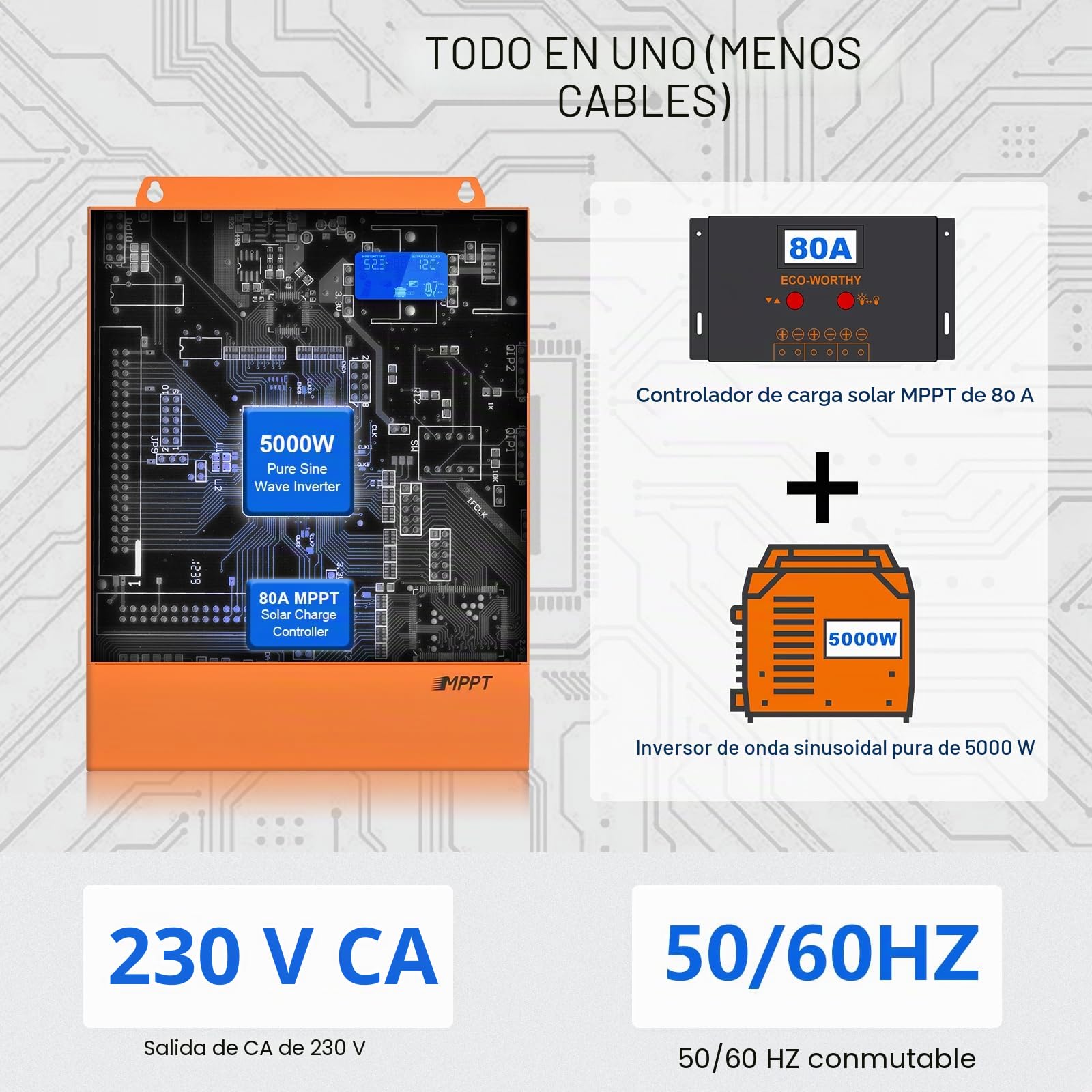 ECO-WORTHY Inversor híbrido 48 V 5000 W puro sinusoidal + MPPT 80 A regulador de carga solar CC a 220 V/230 V CA inversor solar para autocaravana hogar completo sistema solar