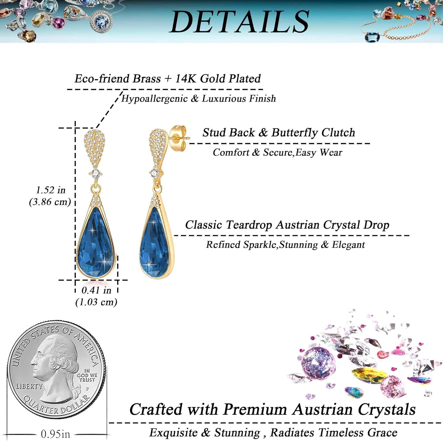 Austrian Crystal Teardrop Dangle Drop Earrings for Women 14K Gold Plated Hypoallergenic Jewelry Gift - Image 5