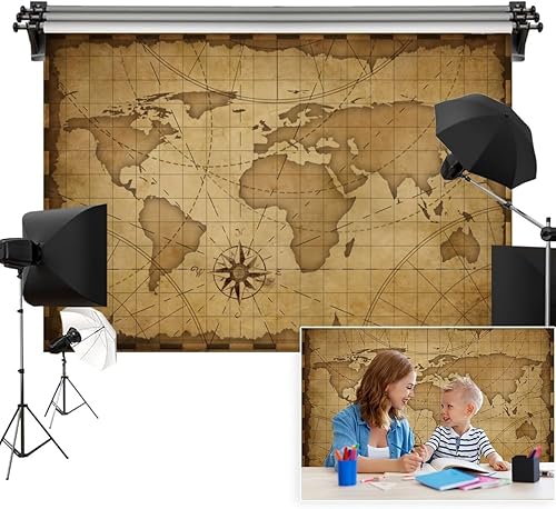 Telón de fondo de mapa del viejo mundo de 6 x 4 pies, color marrón náutico vintage, mapa de distribución geográfica, minimalista, fondo de