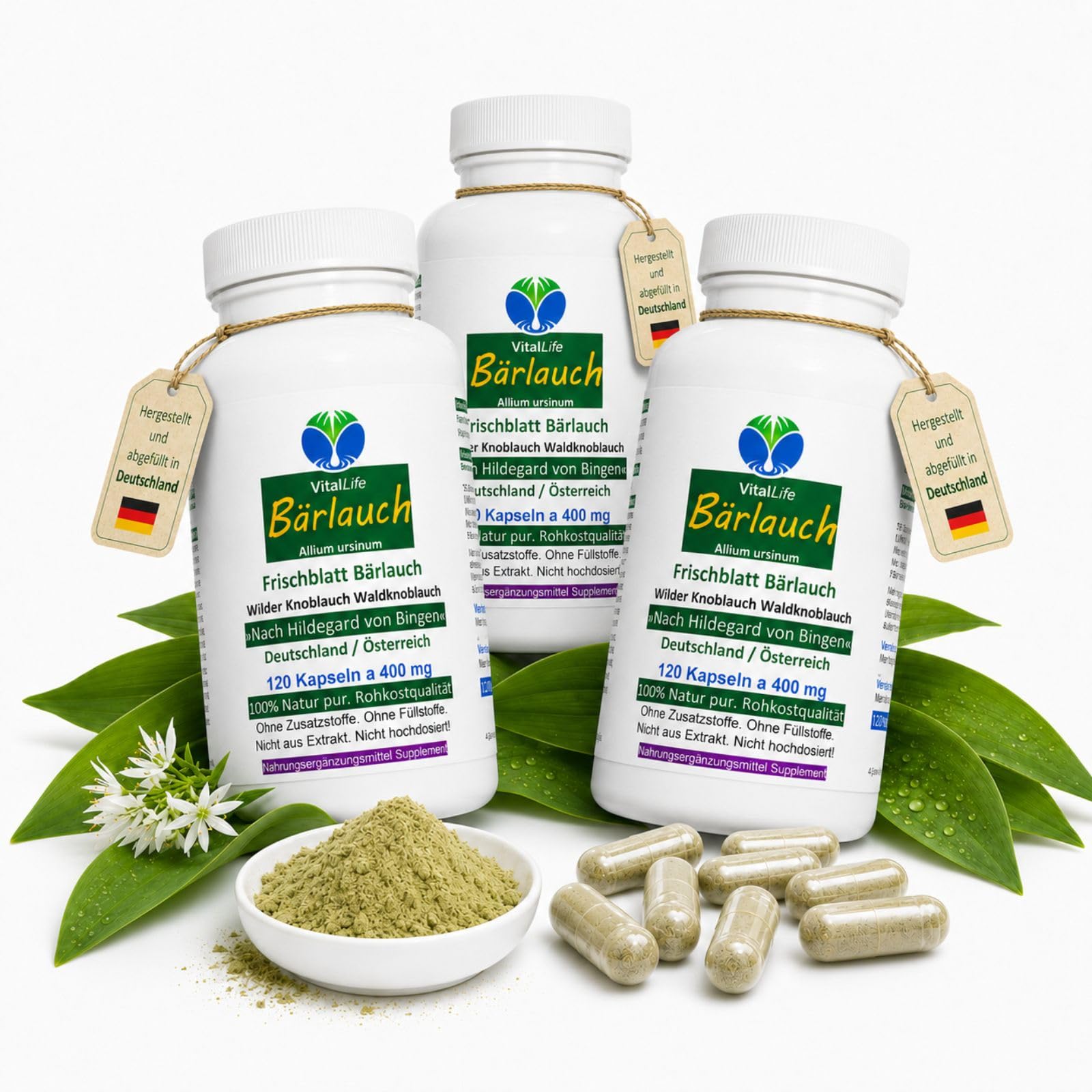 Bärlauch Wilder FRISCHBLATT BÄRLAUCH 360 (3x120) Kapseln Waldknoblauch nach Hildegard von Bingen mit Alliin, Allicin & Chlorophyll. Geruchlos, ohne Aufstoßen. OHNE Zusatzstoffe. 26805-3