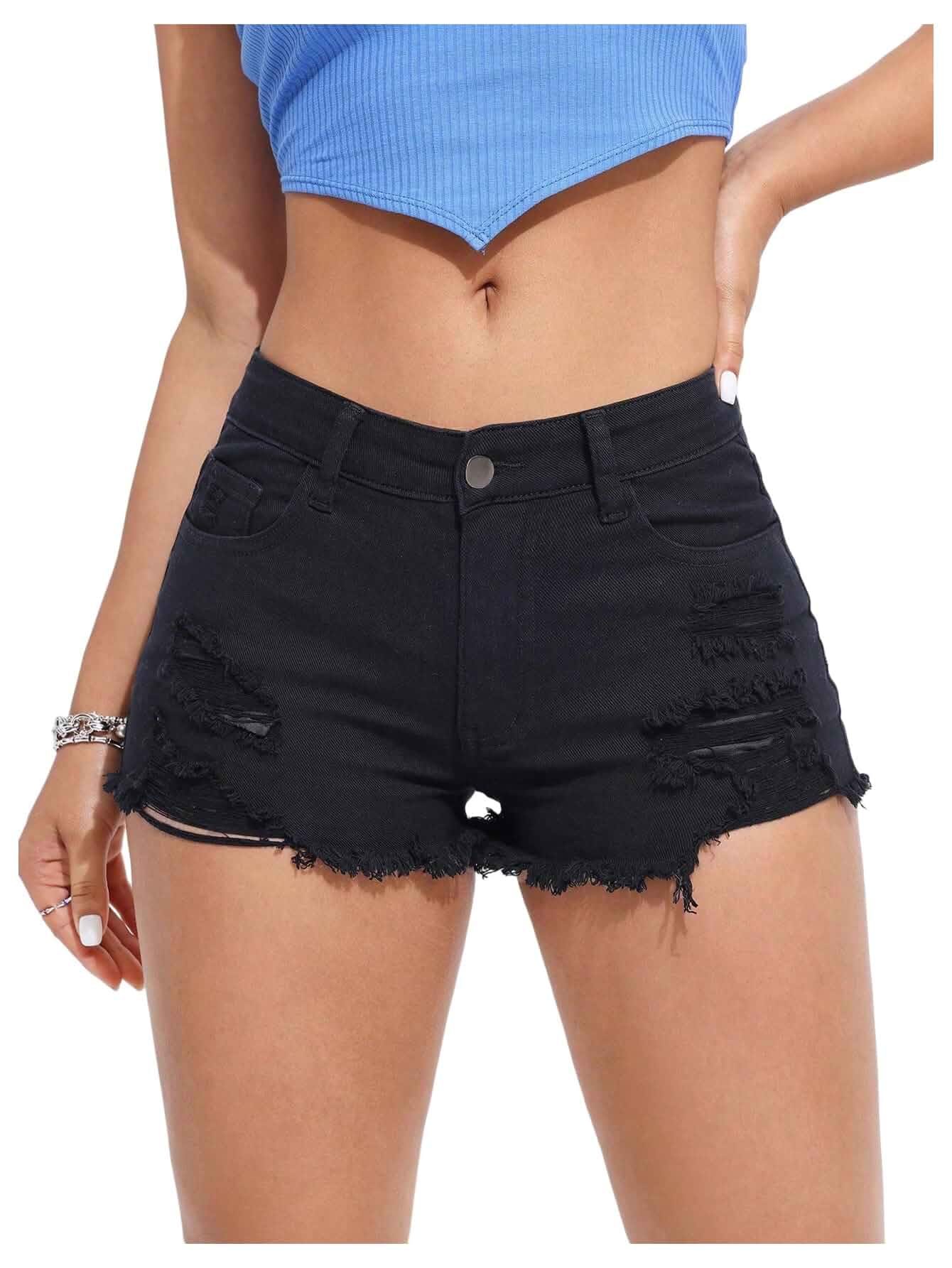 Verdusa Womens Shorts Jeans Y2k Outfits Summer Vintage Low Rise Ripped Distressed Skinny Mini Denim Shorts Skinny