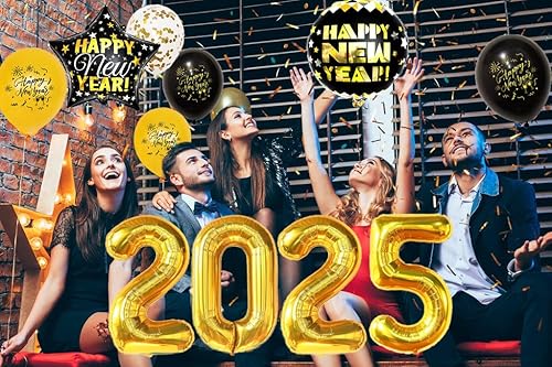 Miniatura 6 de Juego de decoraciones de Feliz Año Nuevo 2025, enormes globos de números de lámina dorada 2025, pancarta de feliz año nuevo, globos de látex negros