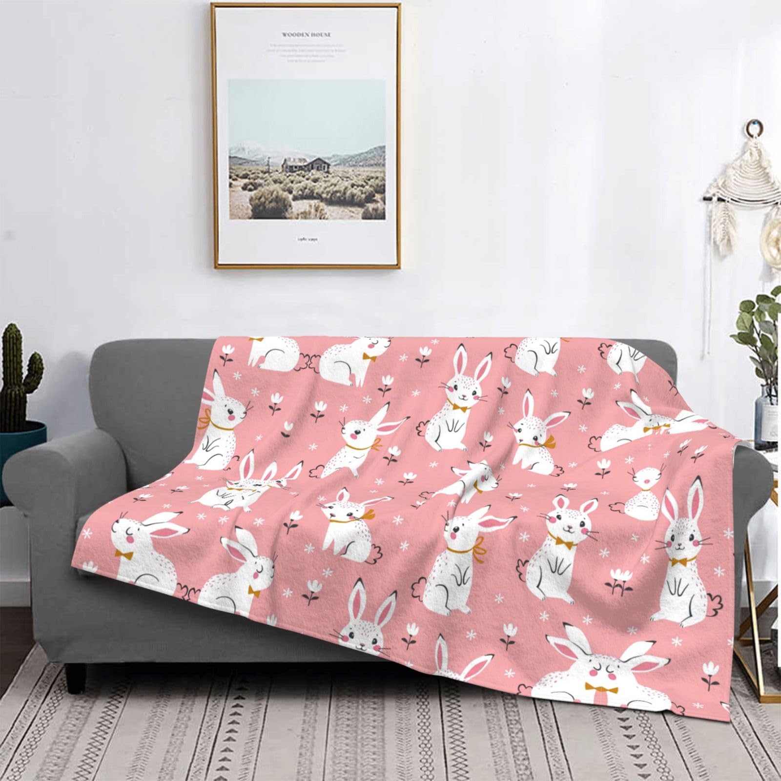 Manta grande de franela suave y acogedora de 80 x 60 pulgadas, bonito estampado de conejo blanco, ligera y cálida para cama, sofá, sofá y viajes