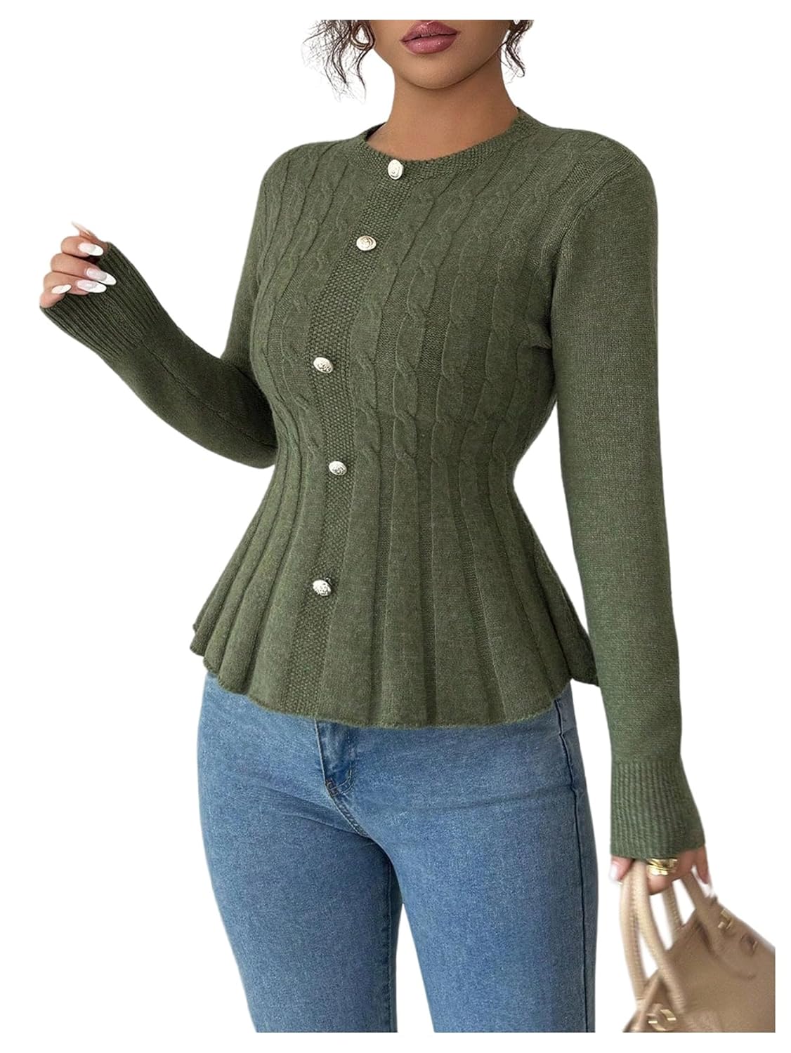 GORGLITTER Womens Cable Knit Peplum Tops Long Sleeve Crew Neck Sweater Jumper Top