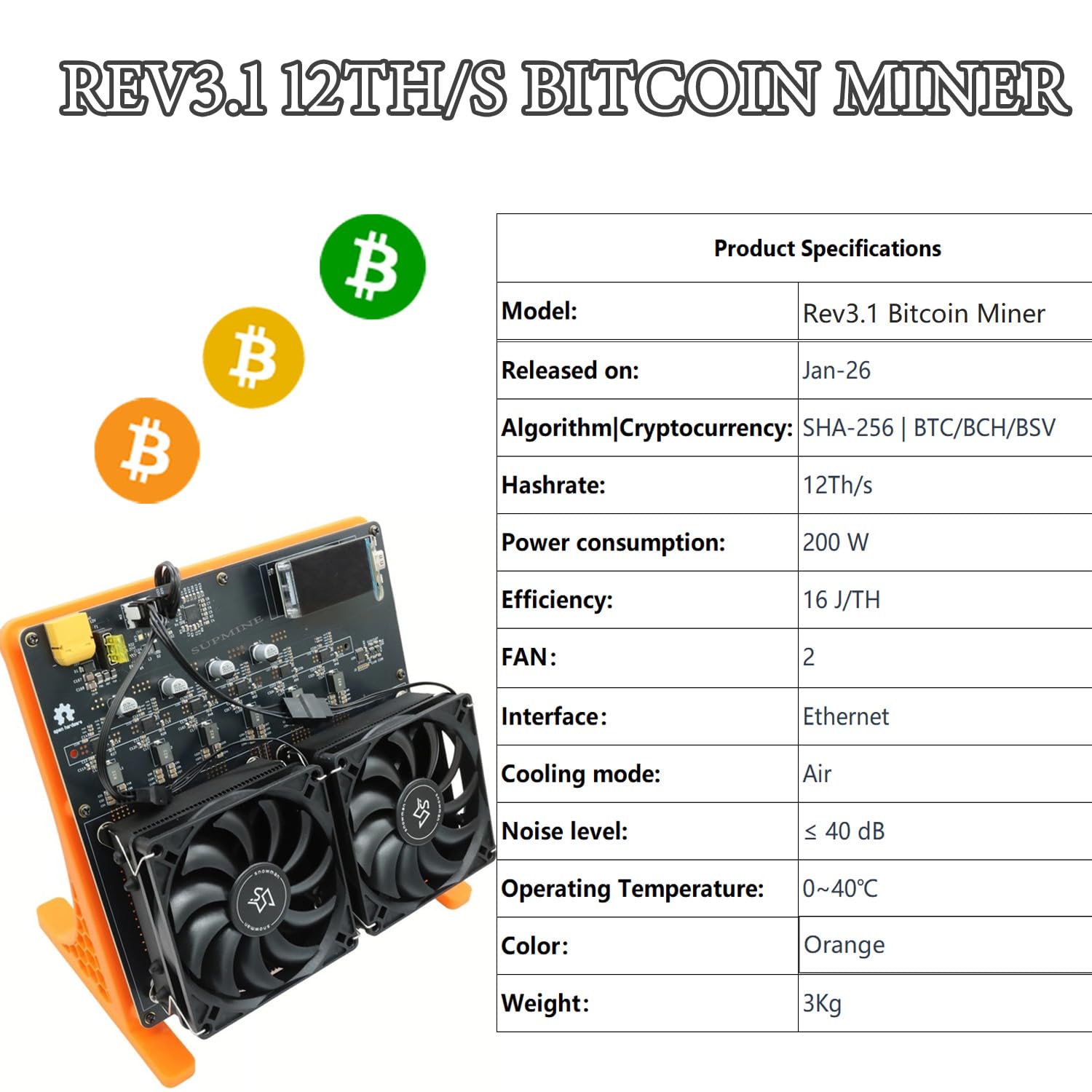 En Stock, Nuevo Minero Bitcoin Rev3.1 12TH/s, 200W, 16J/TH Eficiente, Chip BM1370, Máquina Cripto, 50dB Bajo Ruido, para Uso Doméstico y Minería de Código Abierto, Naranja