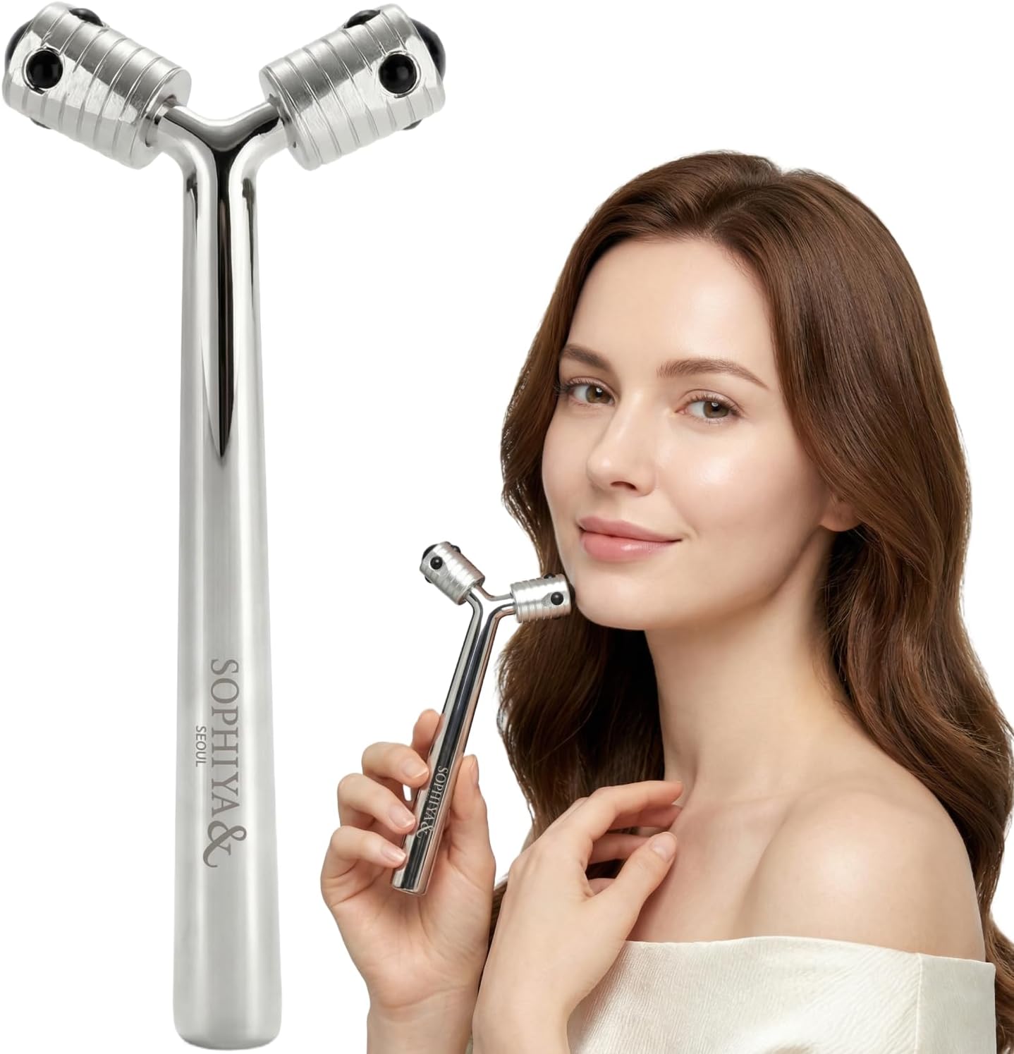 SOPHIYA& 3D Facial Roller with Germanium Balls, Premium Zinc Alloy Massager for Lymphatic Drainage & Depuffing, Boosts Neck & Scalp Circulation for Jawline Sculpting