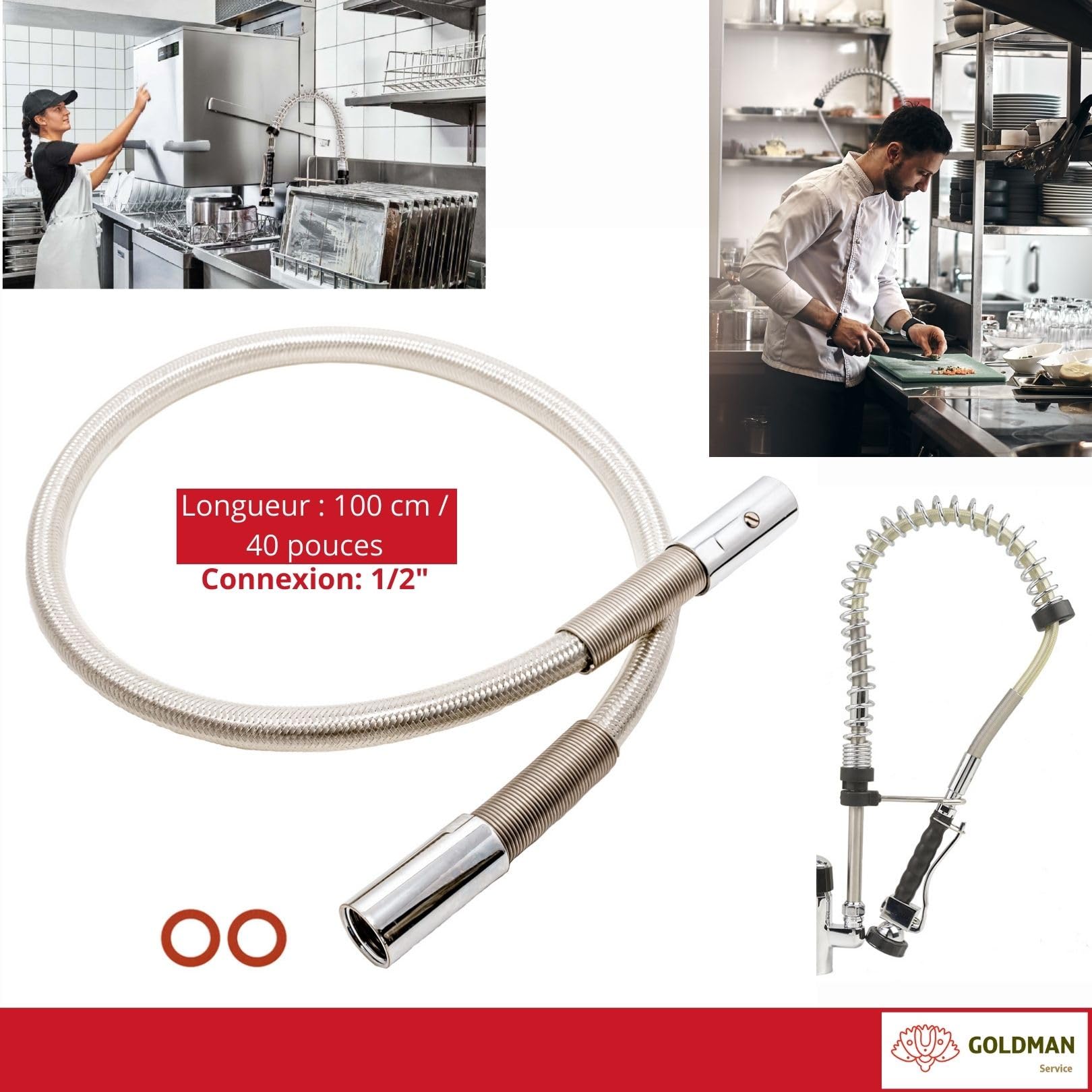 GOLDMAN SERVICE | Kit robinet extensible pulvérisateur douche | Tuyau flexible en acier inoxydable renforcé pour cuisine industrielle hôtellerie