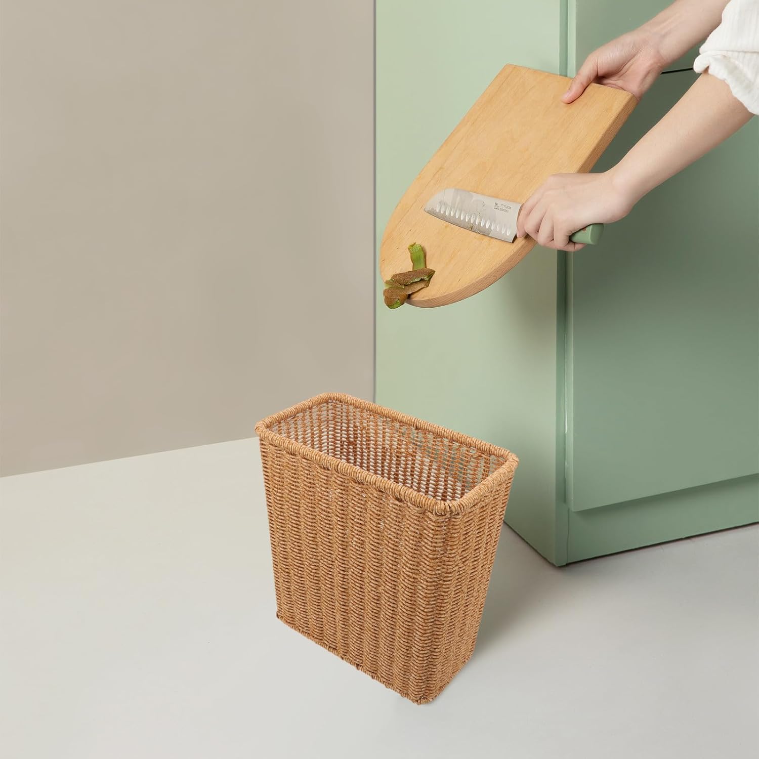 Narrow Slot Wastebasket Woven Trash Basket for Bathroom and Kitchen, Flat Design Garbage Bin Without Lid, Multipurpose Storage Basket for Home Organization